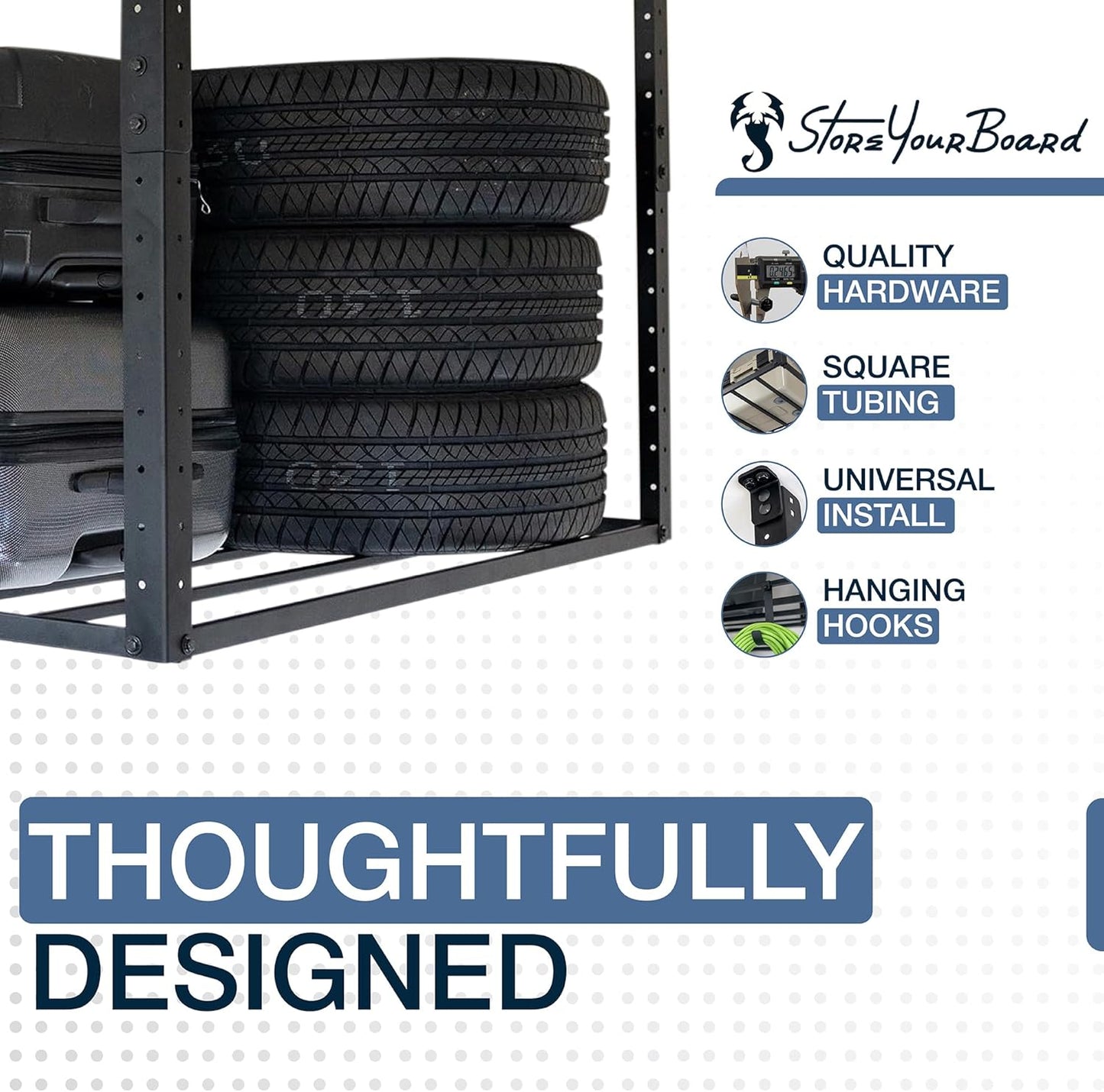 StoreYourBoard Heavy-Duty Ceiling Mounted Garage Shelving, Steel Overhead Ceiling Shelf, 3x8 Garage Organization Rack with Hooks, Holds 700 lbs