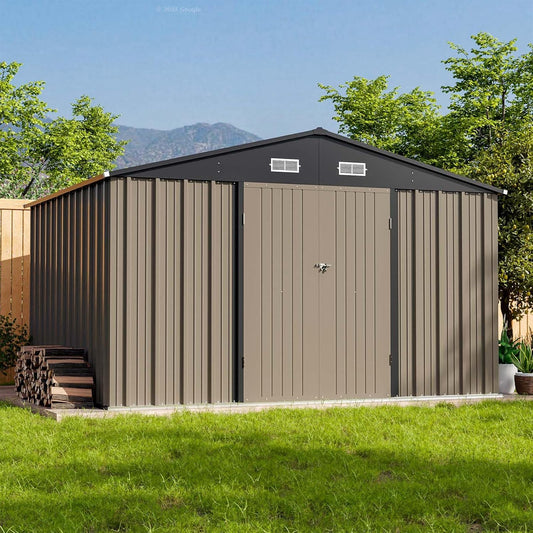 Patiowell 10 x 8 FT Outdoor Storage Shed, Large Garden Tool Metal Shed with Sloping Roof and Double Lockable Door, Outdoor Shed for Backyard Garden Patio Lawn, Brown