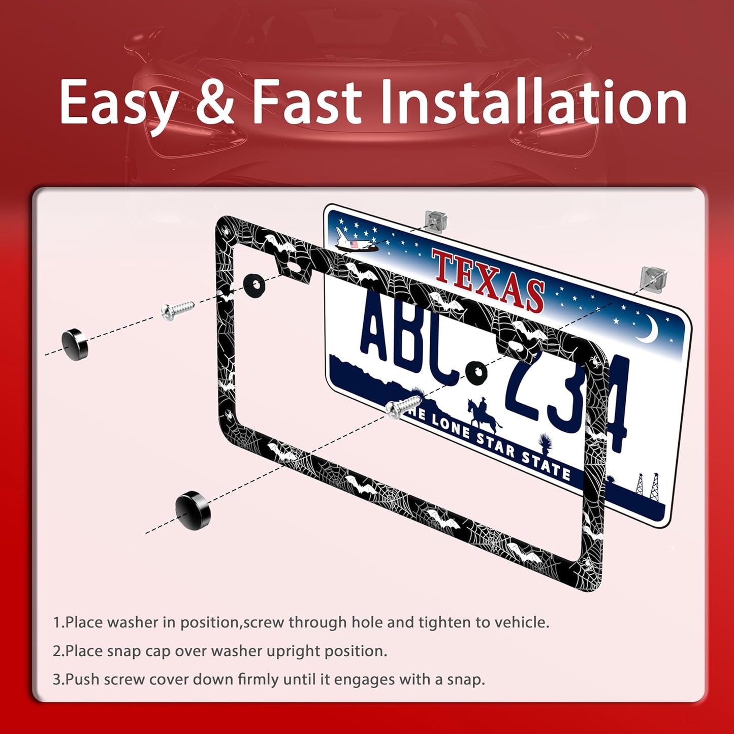 Bat Spider Web License Plate Frame Funny Gothic License Plate Frames Stainless Steel Accessories Cars Decor with 2 Holes and Screws Fits Standard Us Ca Vehicles License Plate Holder 12.2 X 6 Inch