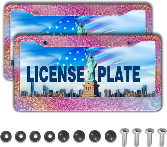 License Plate Frame Multicolor License Plate Holder Shining Rainbow Gradient Sparkle Glitter Women Aluminum Metal Car Accessory 2 Pack with Screw Covers Set