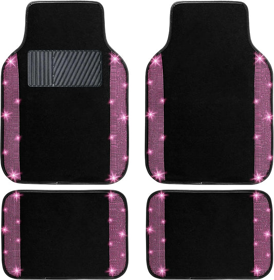 NBTEPEM Pink Bling Car Floor Mats Full Set, Universal Fit Most Cars,SUV, Trucks, 4 pcs Sparkle Glitter Diamond Carpet for Women Girls with Anti-Slip Pad (Pink Diamond)