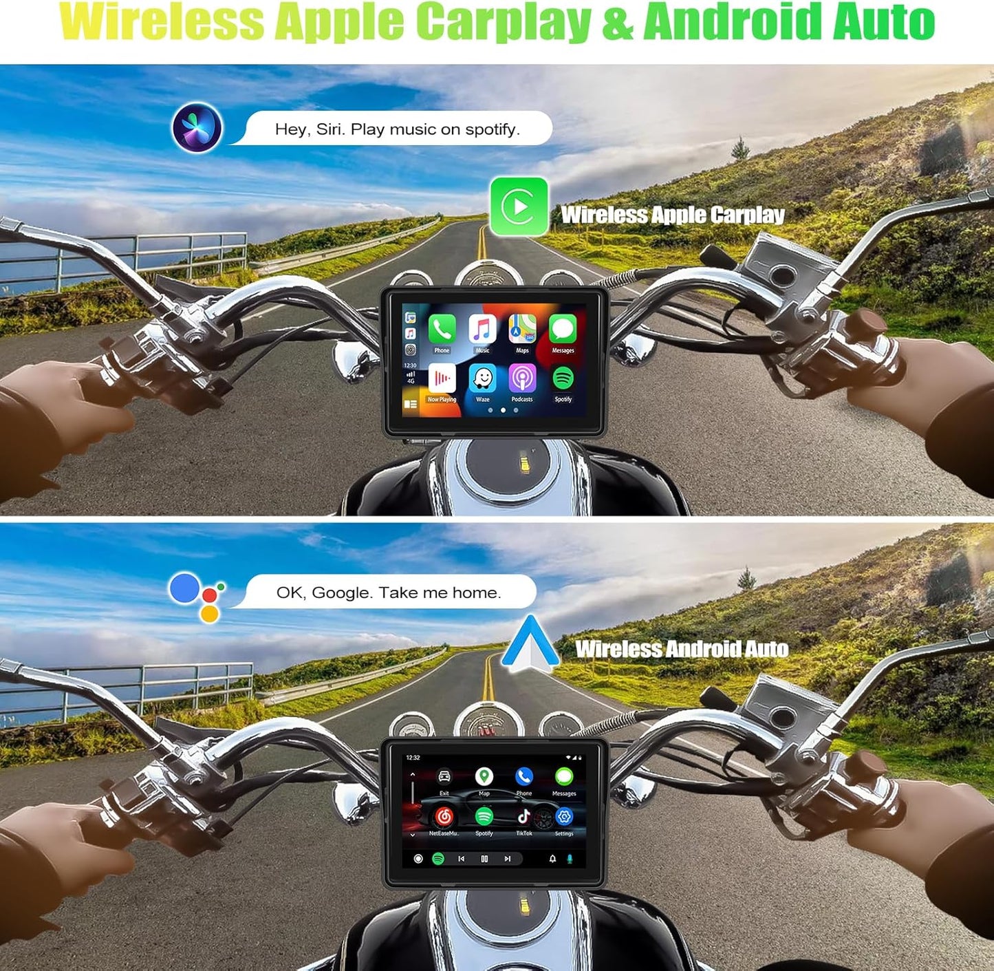 CAMECHO Motorcycle CarPlay Screen, 5" Waterproof Portable Wireless Apple Carplay Android Auto for Motorbike, Touch Screen Car Stereo Support Dual Bluetooth, Mirror Link, EQ, Siri Voice Control