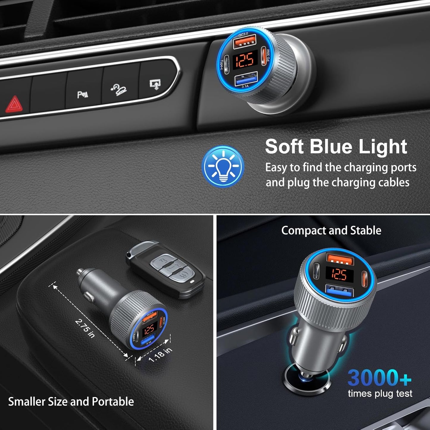 USB C Car Charger, 3 Pack 65W 12V Car Charger Adapter Multi Port QC 3.0+PD 30W Super Fast Cigarette Lighter Adapter Plug with Voltage Meter for iPhone 16/15/14/13/12/11 Pro Max,Samsung,Android(Gray)
