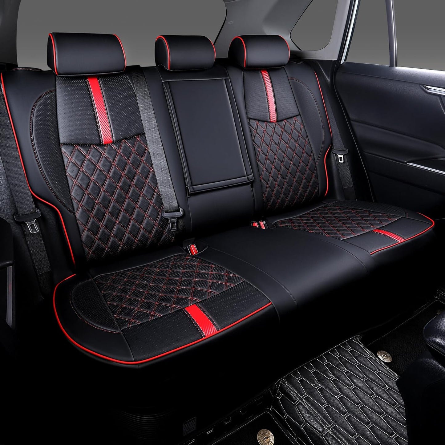 Custom Fit RAV4 Seat Covers for 2019-2025 Toyota RAV4 LE,XLE,XLE Premium,Limited Full Coverage Waterproof Leather Car Seat Covers Full Set (Black with Red Trim)