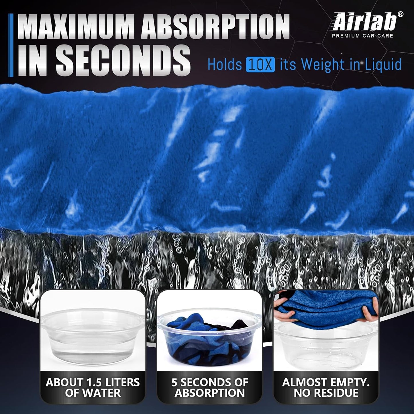 Airlab Microfiber Towels for Cars Wash Drying Thick Plush Cleaning Cloth Auto Detailing Super Absorbent for Interior & Exterior Lint Free, Streak Free, 35 x 24 Inch, 500 GSM, Pack of 2