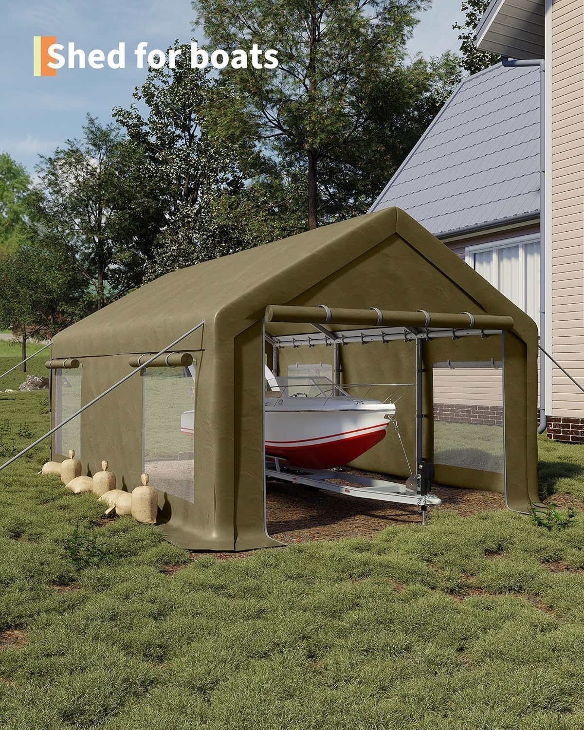 12 x 20FT Heavy Duty Carport with Roll-Up Windows, Portable Garage with Removable Sidewalls & Doors, Portable Car Tent Garage with Roll-Up Windows and All-Season Tarp, for Car, Truck,