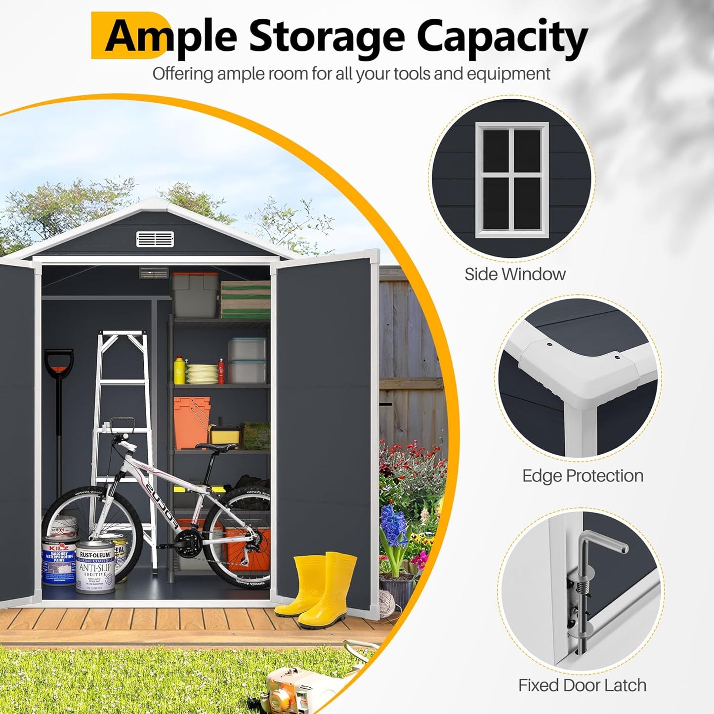 6*4.4 FT Resin Outdoor Storage Shed Plastic Shed with Floor, Reinforced Floor for Patio Furniture, Gardening Tools, Lawn Mower, Plastic Garden Shed with Lockable Door for Backyard (Charcoal)