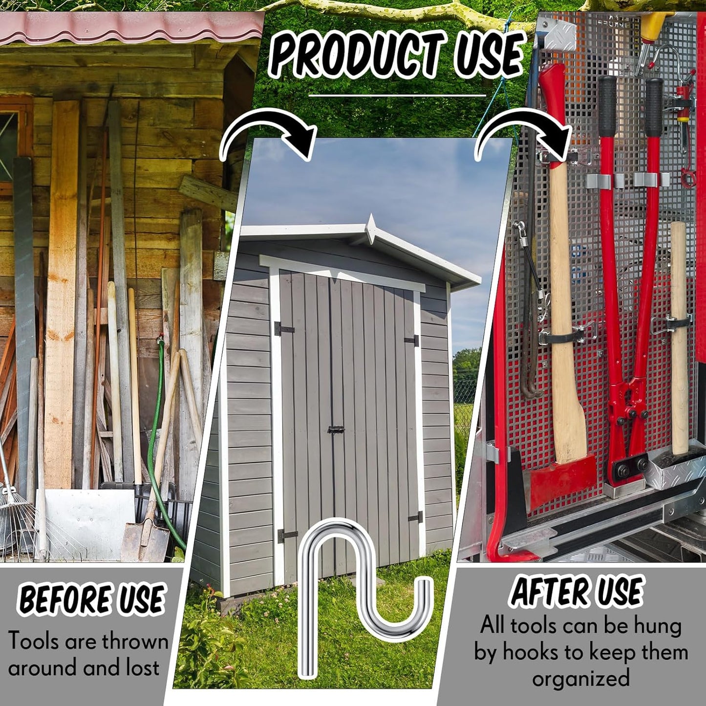 Blulu 10 Pcs 2'' Long Shed Hooks Shed Accessories for Hanging Heavy Duty Individual Utility Hooks Universal Wall Mounted J Utility Hangers for Tools Shovels Rakes Storage (Silver)