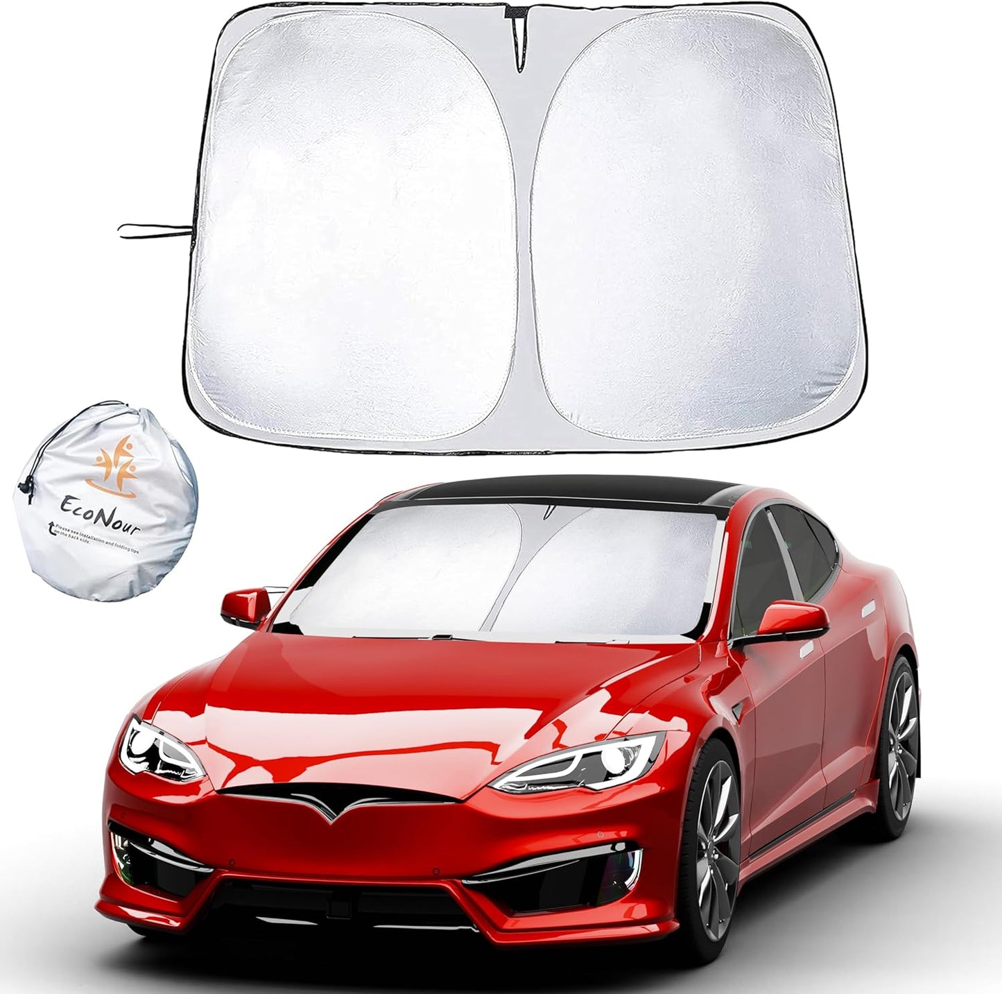 EcoNour Tesla Model S Windshield Sun Shade | Durable 240T Polyester Material Blocks Sun & Heat | Reflective Sun Shield with Storage Pouch | Offers Protection for Car Interior | Tesla Car Accessories