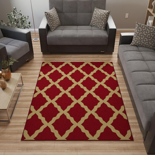 Ottomanson 5' x 6'6" Rugs for Living Room Trellis Area Rug for Bedroom - Non Slip Durable Large Floor Carpet for High Traffic Areas - Indoor Rug for Dining Room Kitchen Kids Playroom, Red