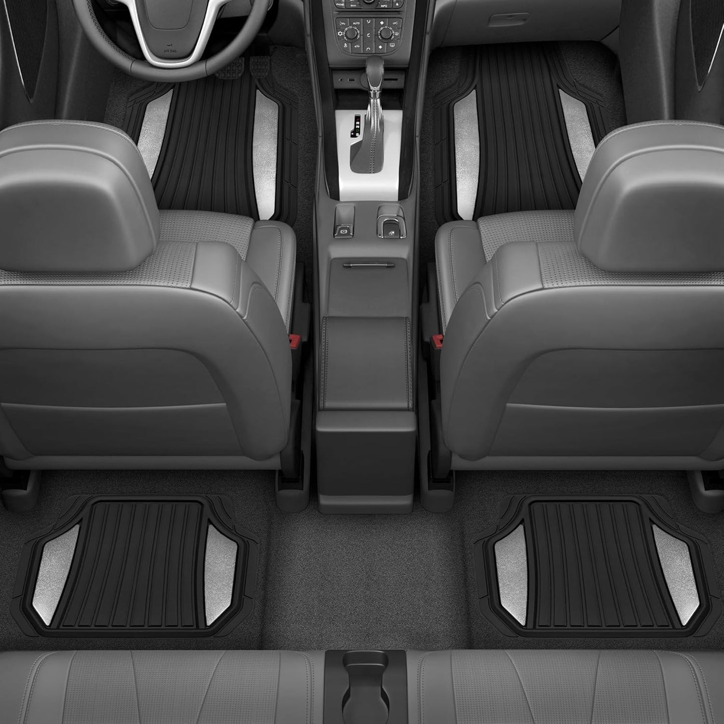 Motor Trend ChromeTech Car Floor Mats Full Set - Durable Rubber Floor Mats for Cars with Two Tone Accent, All Weather Interior Protection for Front and Rear with Non-Slip Backing, Silver Chrome