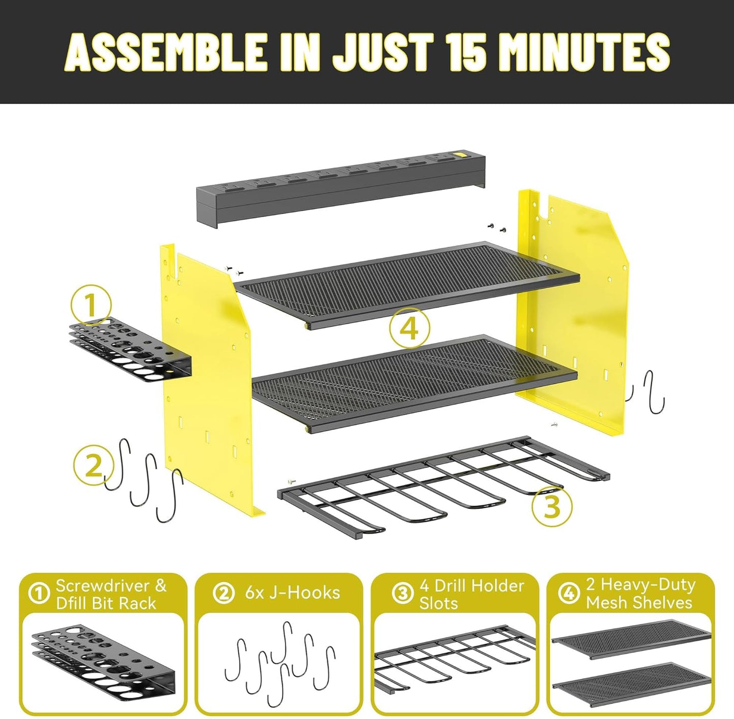 3-Tier Modular Drill Holder & Power Tool Organizer Wall Mount with Charging Station, Tool Storage Rack with Hooks, 8-Outlet Power Strip, Bit Rack & Cordless Garage Tool Organization (Yellow)