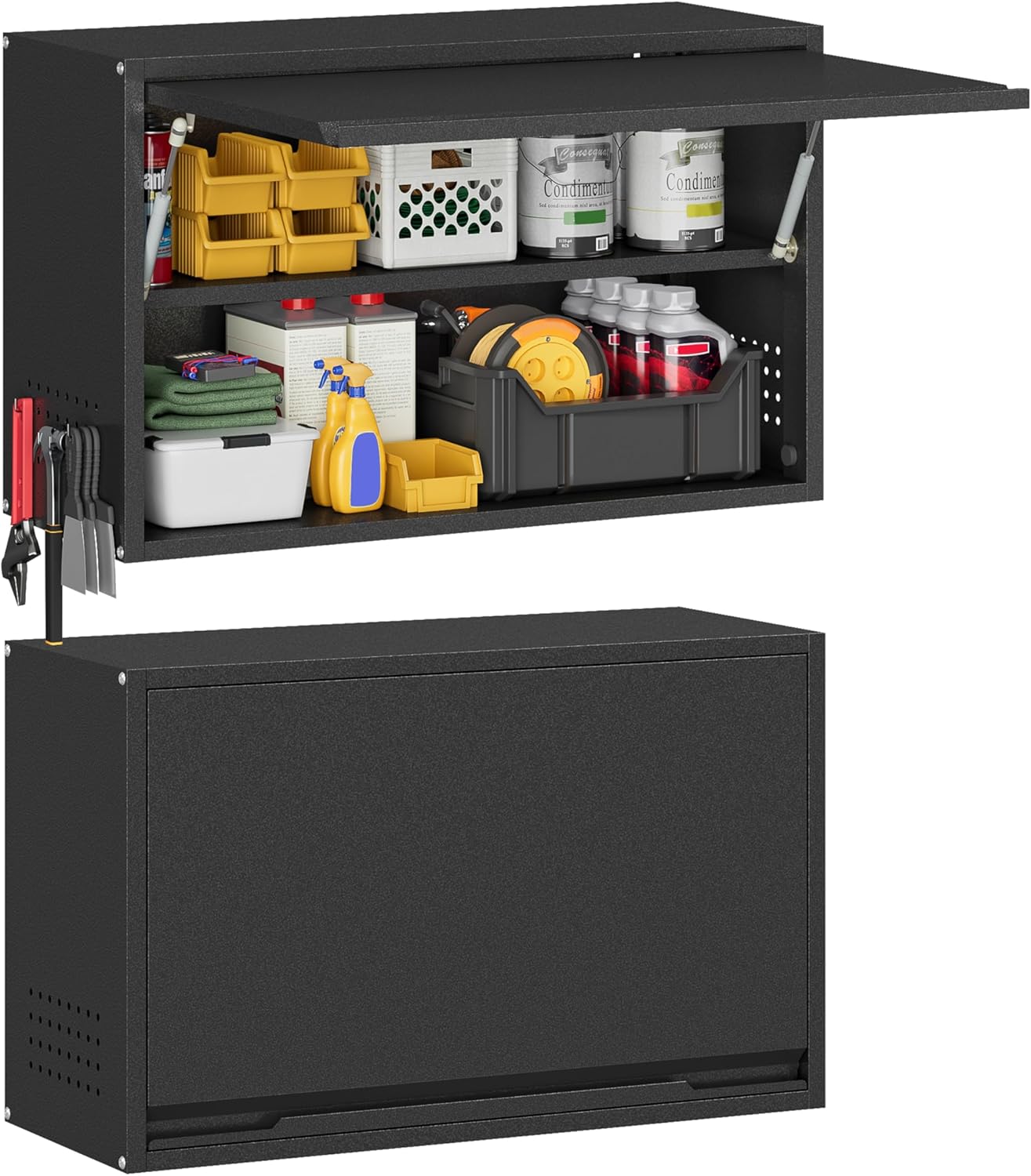 Metal Garage Wall Cabinet with Up-Flip Door, Black Float Tool Cabenit with Adjustable Shelf,Upper Storage Cabinets with Pegboard for Kitchen,Garage,Workshop,Warehouse (19.7" H,Black)