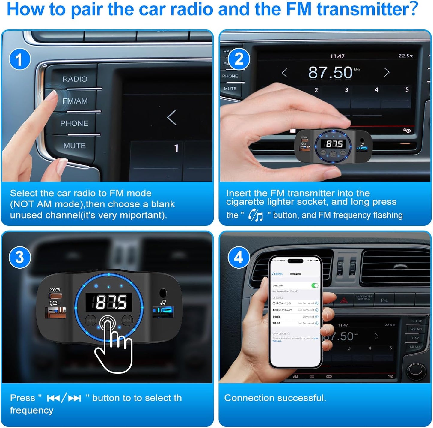 pgraded Bluetooth FM Transmitter for Car, PD30W/QC18W Dual USB Auto Charger Adapter, 7-Color LED Mood Light, Wireless FM Radio Car Kit Bluetooth 5.3 Hands-Free with Music Control & Noise Cancellation