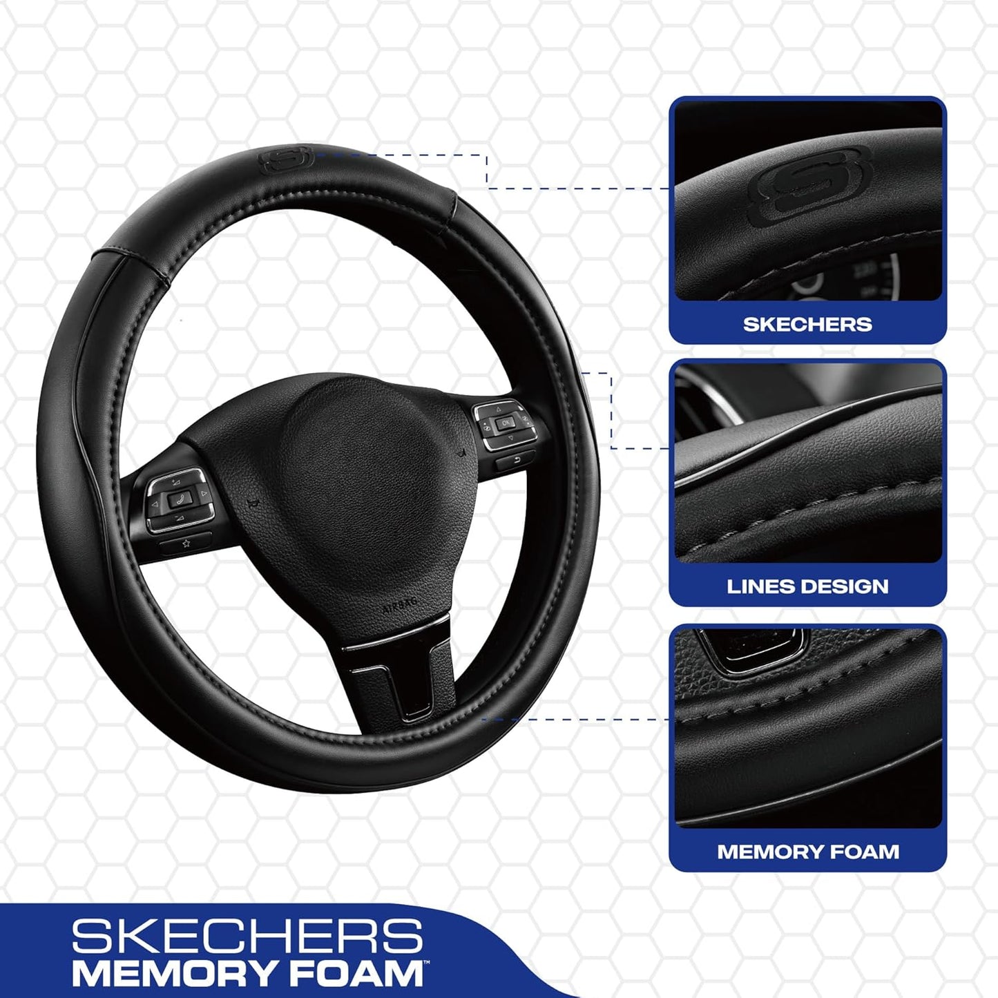 Skechers Memory Foam Steering Wheel Cover,Piping Microfiber Leather Steering Wheel Cover Sporty Universal Fit 14" 1/2-15" Car Wheel Protector for Men Women Fit Suvs,Vans,Sedans,Car,Trucks,Black