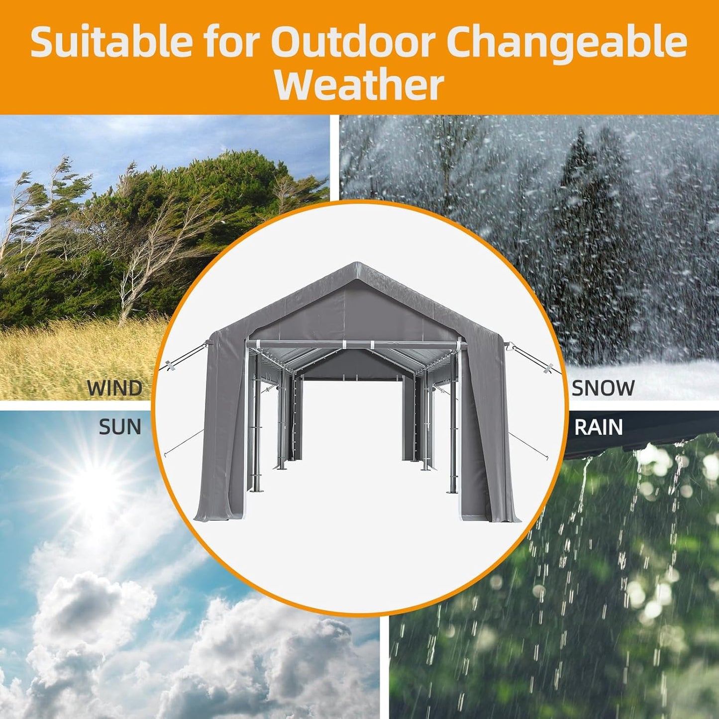 13x20ft Heavy Duty Carport Outdoor Canopy Portable Garage with 4 Doors & 4 Windows Waterproof UV Resistant Storage Shelter with Removable Sidewalls for Car Truck Boat, Gray