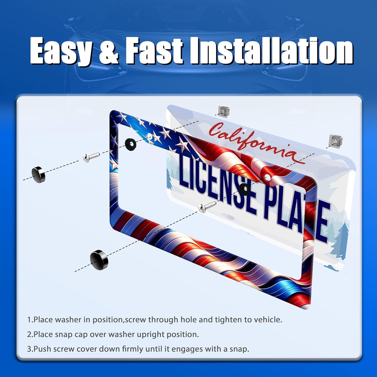 Watercolor American Flag License Plate Frame USA Flag License Plate Stainless Steel Funny License Plate Holder Patriotic America Car Accessory Decoration 12.3" x 6.3"for Men Women