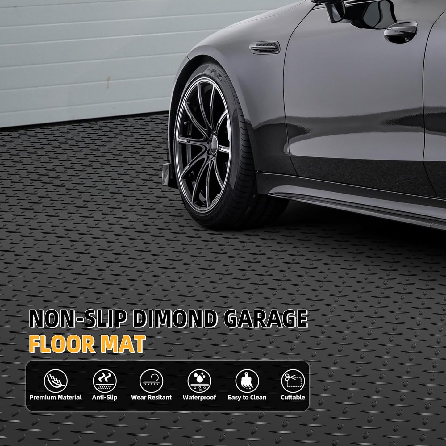 8.2x21 FT Garage Floor Mat, 2.8mm Thickened Diamond Plate PVC Garage Flooring Roll for Under Car Parking, Heavy Duty Garage Floor Protector 168SQFT for Garage, RV Trailer, Basement, Black