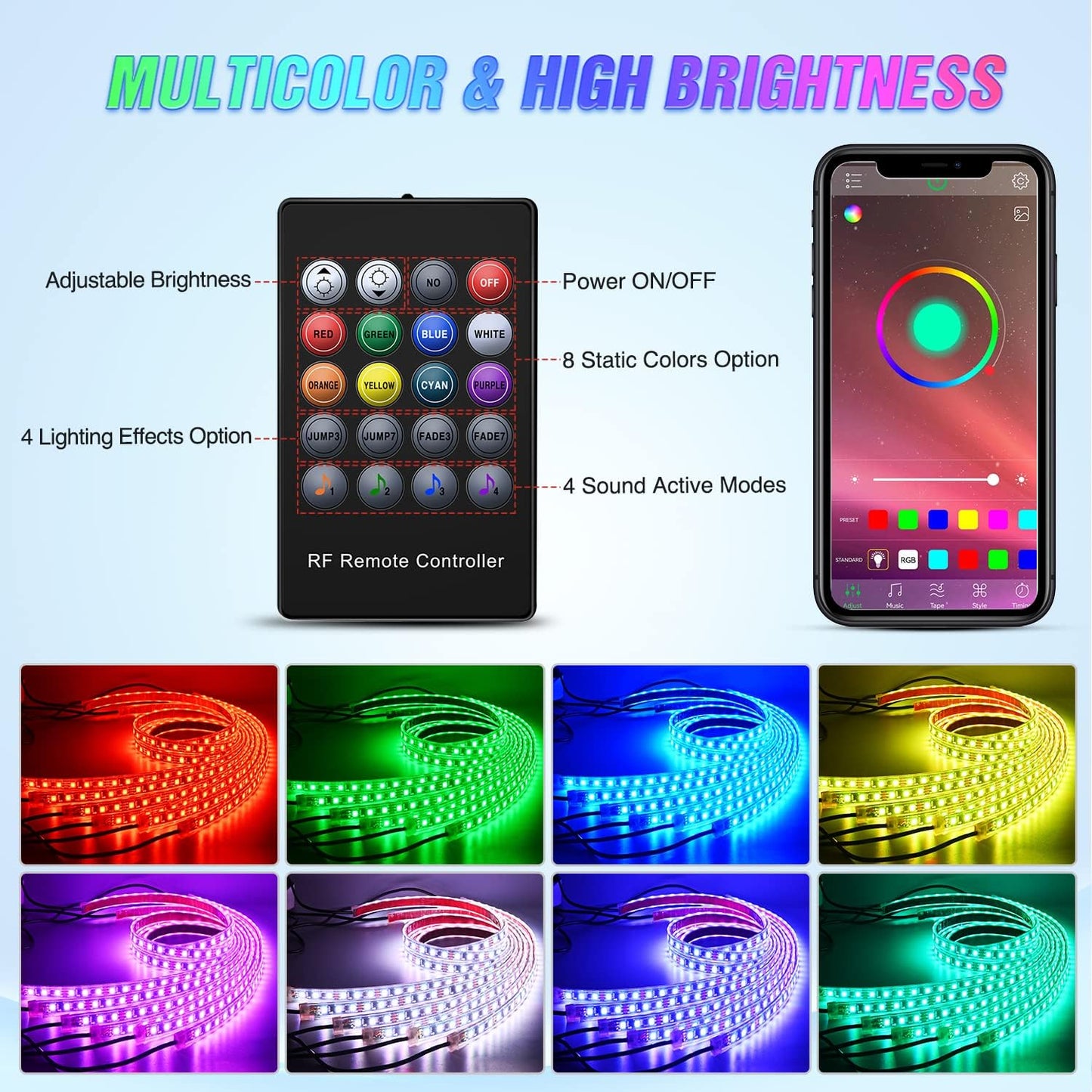 Nilight 6Pcs Car Underglow Neon Accent Strip Lights 300 LEDs RGB Multi Color DIY Sound Active Function Music Mode with APP Control and Remote for Van SUV Truck