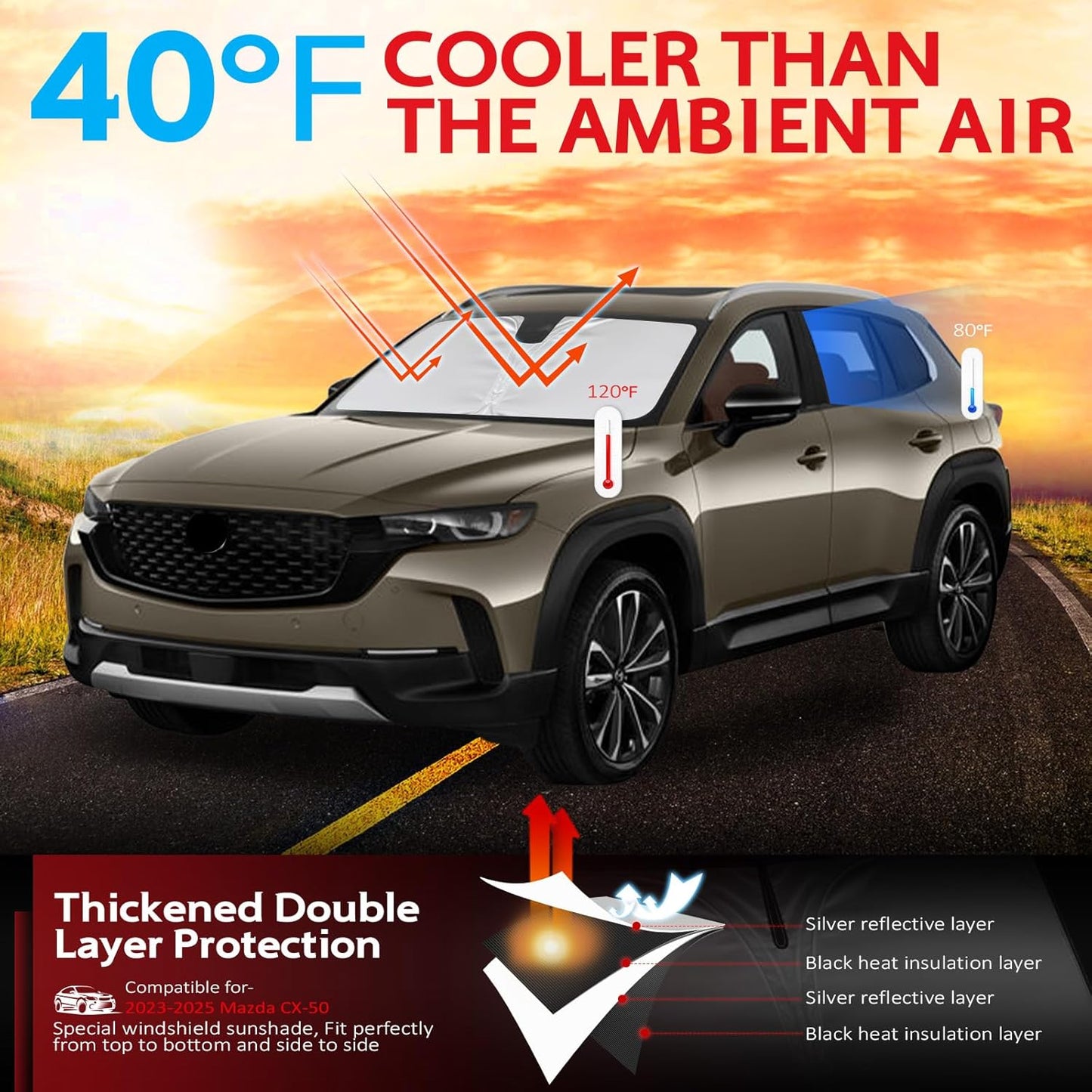 KAYZT Windshield Sun Shade for 2023-2025 2026 Mazda CX50 CX-50 Foldable Sunshade Front Window Custom Fit Car Accessories