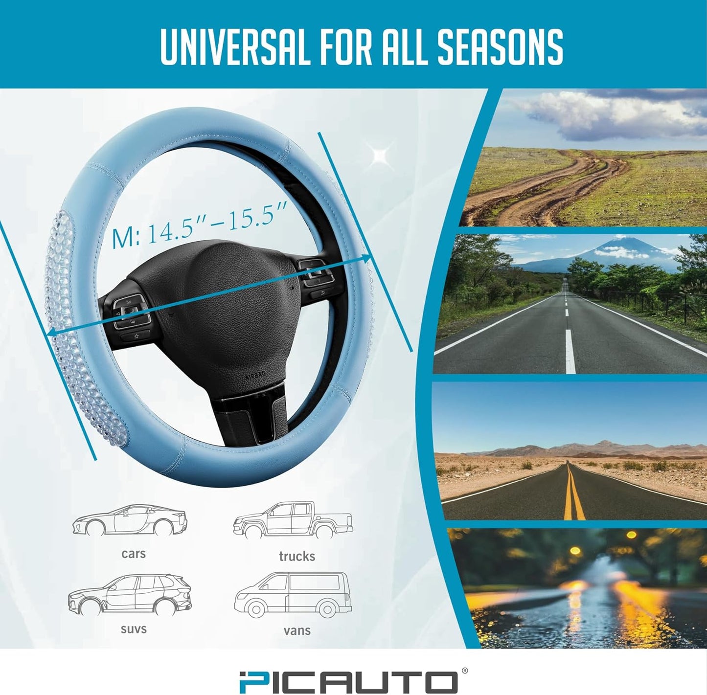 PIC AUTO Gel Particles Steering Wheel Cover, Blue Luxury Leather Car Steering Wheel Protector, Universal Fit 14.5"-15.5" Anti-Slip Car Interior Accessories for Girls & Womenn