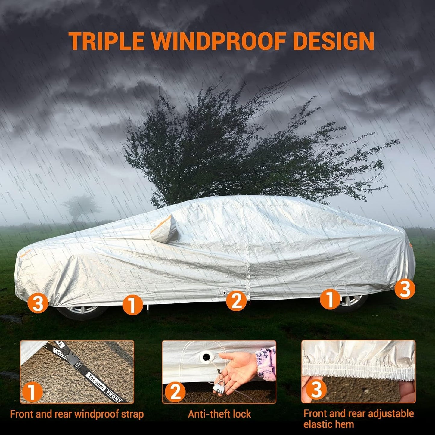 Tecoom Car Cover Waterproof All Weather, 3 Layers Car Covers for Automobiles, Fleece Lining with Zipper Door Lock Full Exterior Covers, Wind Rain Snow Sun Hail Protection Fit for Sedan (191-200 Inch)