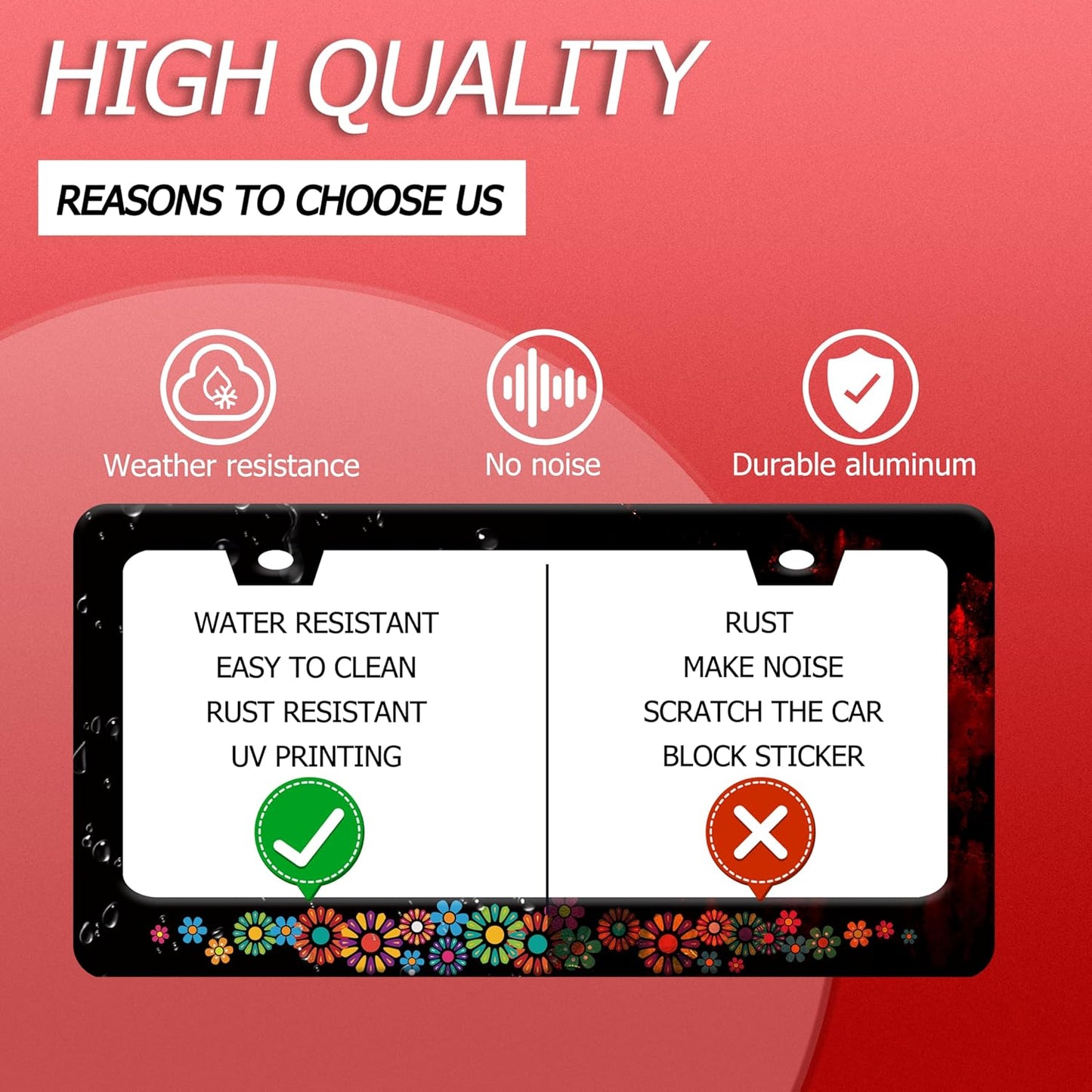 Colorful Hippie Flowers License Plate Frame Beautiful Floral License Plate Frames Stainless Steel Accessories Cars Decor with 2 Holes and Screws Fits Standard US CA Vehicles Size 12.2 x 6 Inches