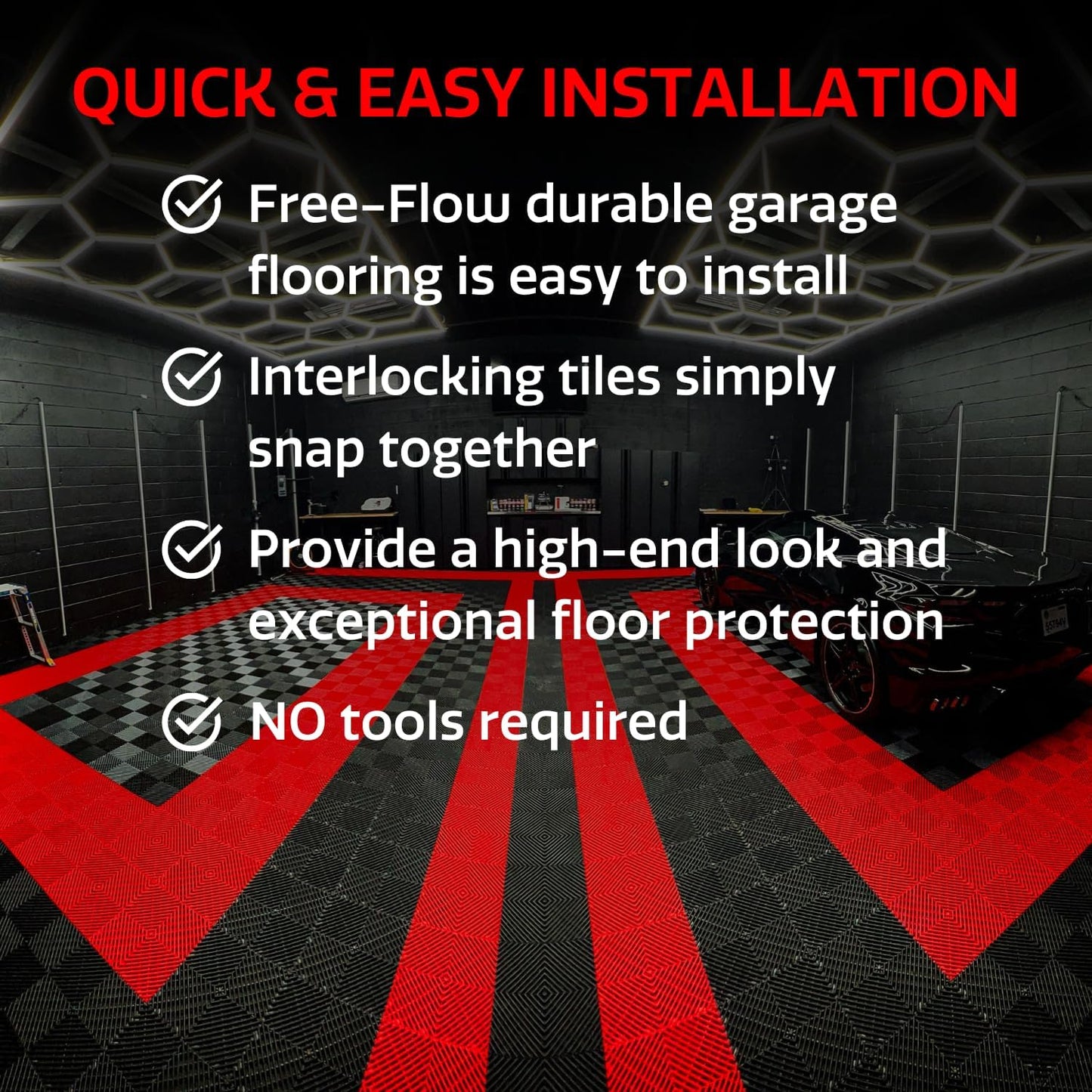 RaceDeck Free-Flow Open Rib Self-Draining Design, Durable Copolymer Plastic Interlocking Modular Garage Flooring Tile (Red, 48 Pack of 12 x 12" Tiles)