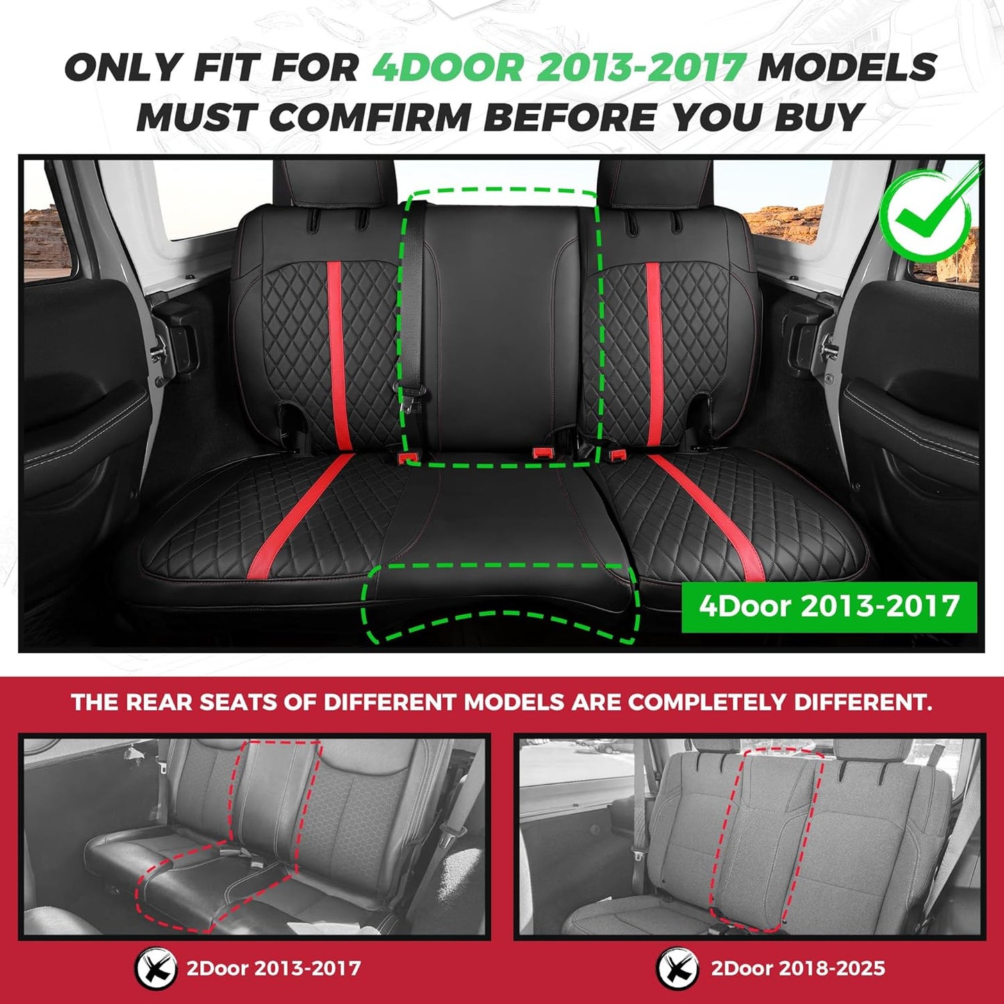 for Jeep Wrangler Seat Covers 4Door JK 2013 2014 2015 2016 2017, Custom Car Seat Cover Full Set, Luxury Leather Seat Protectors, Waterproof SUV Interior Cushions Accessories, Black Red Trim