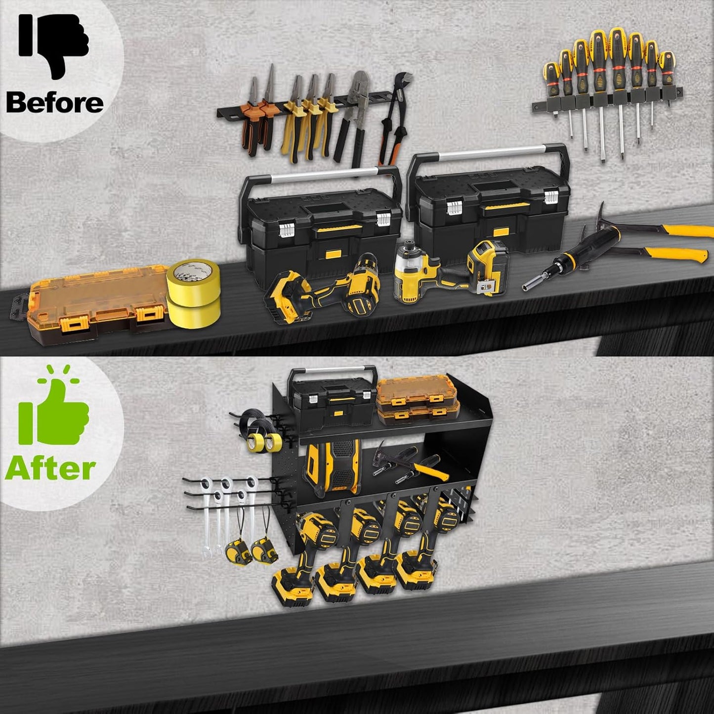 Heavy-Duty Power Tool Organizer Wall Mount, 3-Tier Drill Storage Rack with Dual Side Pegboards and 4 Hooks, Perfect for Garage, Workshop, Tool Room - Ideal Gift for Men, Black