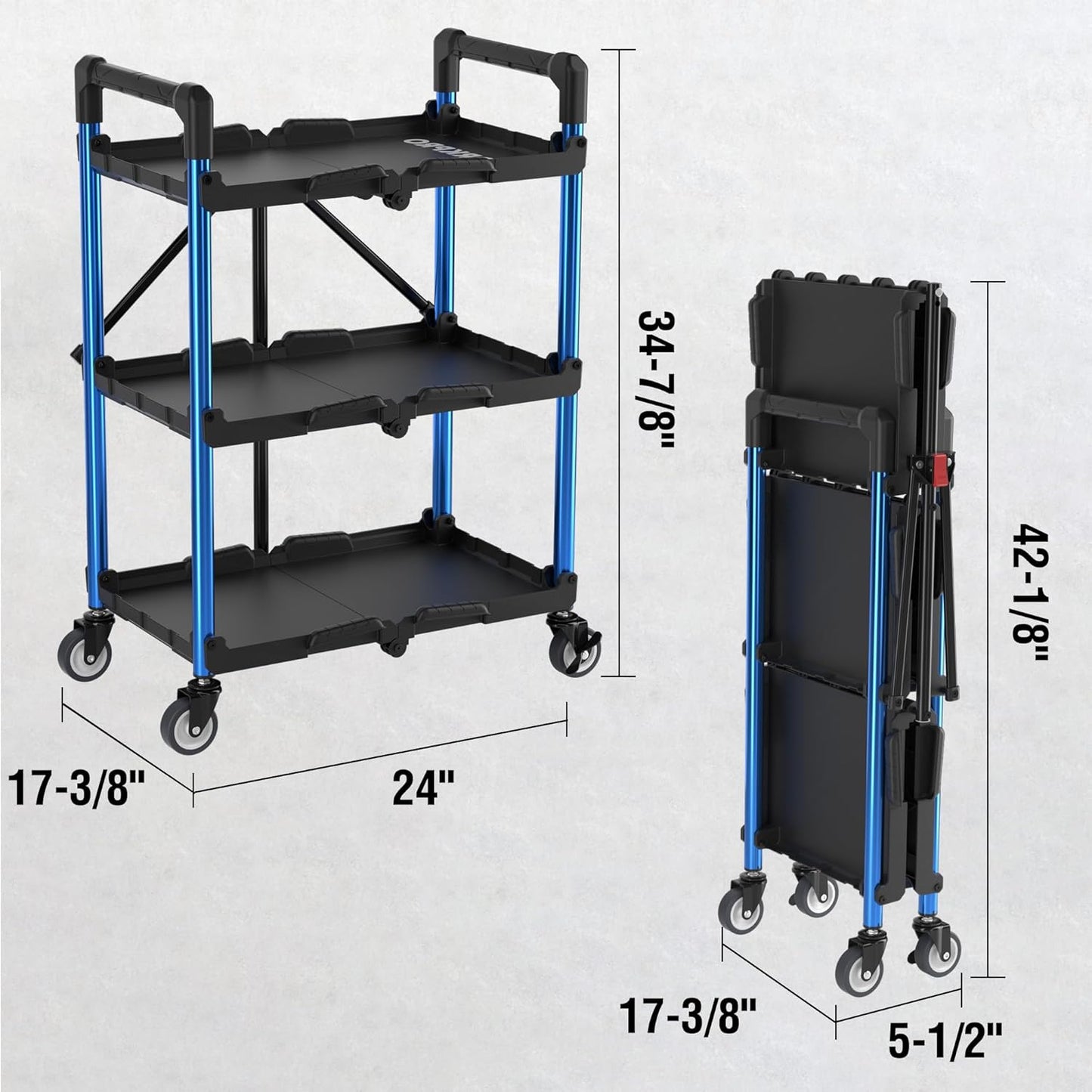 WORKPRO 3-Tier Collapsible Service Cart, 210 LBS Foldable Utility Service Cart with Wheels, Portable Tool Cart for Garage, Warehouse, Home, Restaurant, Office (No Assembly Required)
