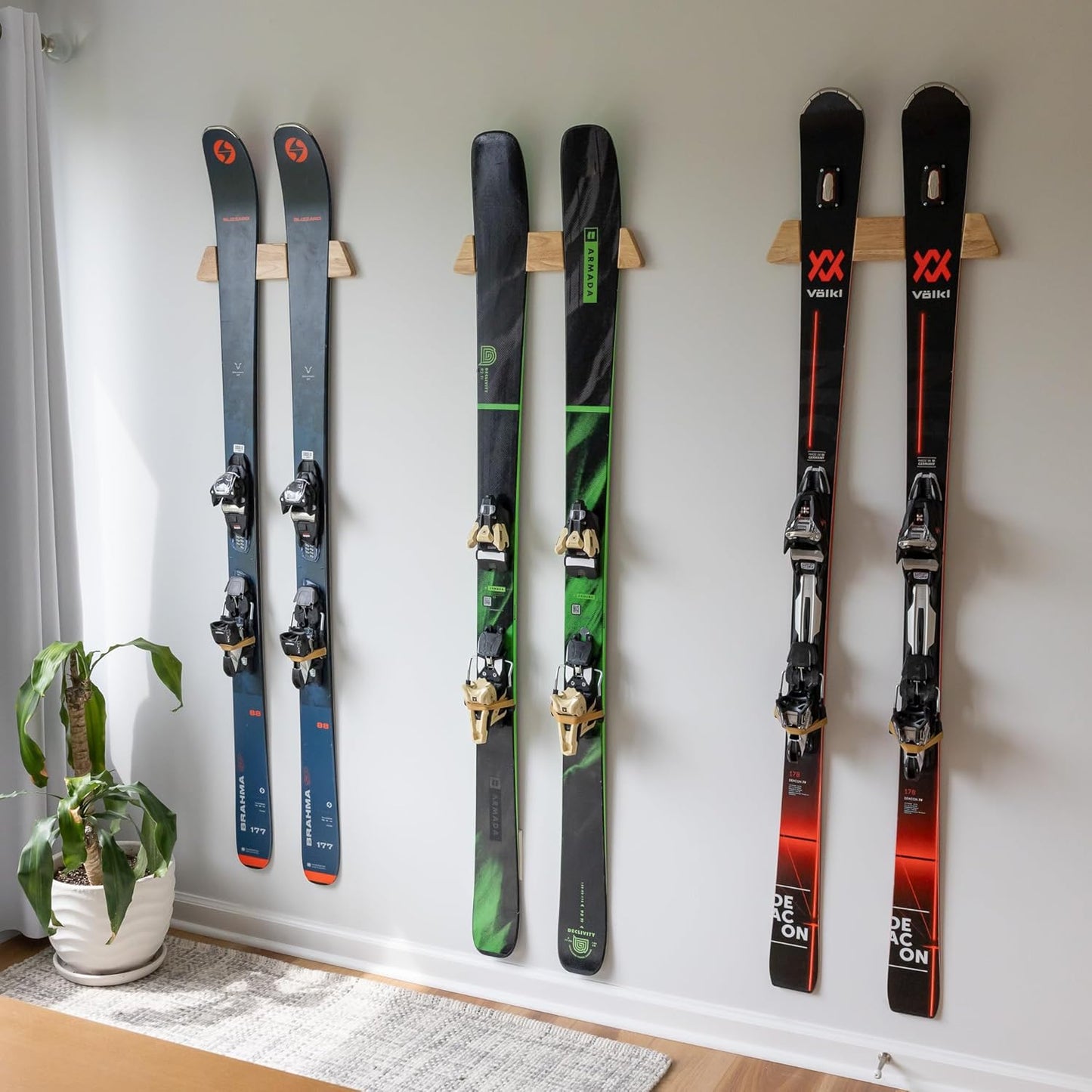 StoreYourBoard Minimalist Wood Ski Rack – Vertical Ski Storage Holder for Home & Garage, Solid Wood Ski Wall Mount Display Rack, Holds 50 lbs