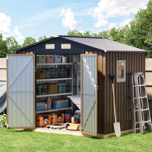 Breezz 8X6FT Outdoor Steel Storage Shed with Frame Floor,Clear Window, Lockable Doors, Weather-Resistant Metal Tool Shed for Garden, Backyard, Patio, and Utility Storage Brown