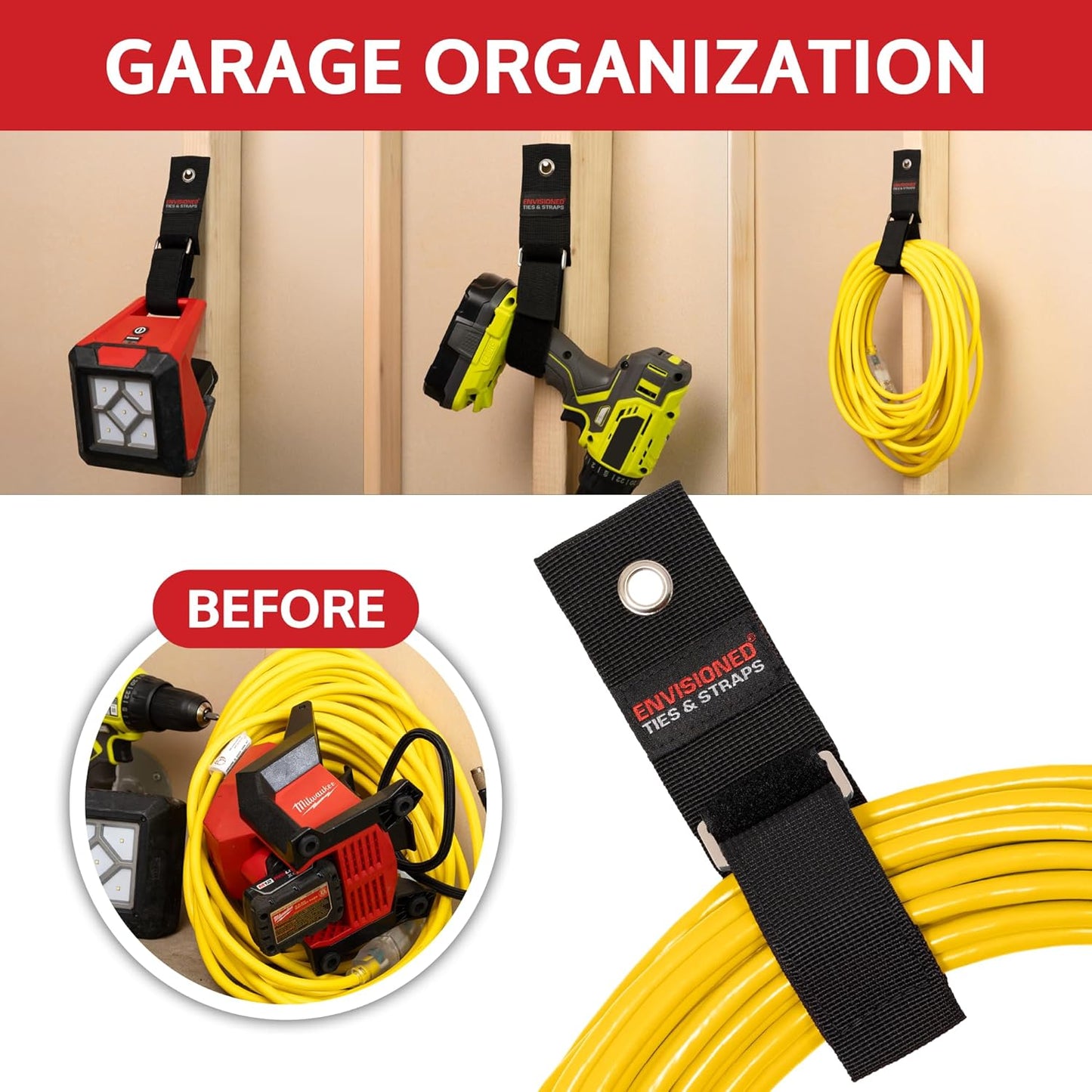 Heavy Duty Hanging Storage Cinch Straps with Metal Buckle (4 Pack, 1.5" x 15") - Electrical Extension Cord & Garden Hose Holder, Cable Management, Storage Organizer in Garage, Workshop - ENVISIONED