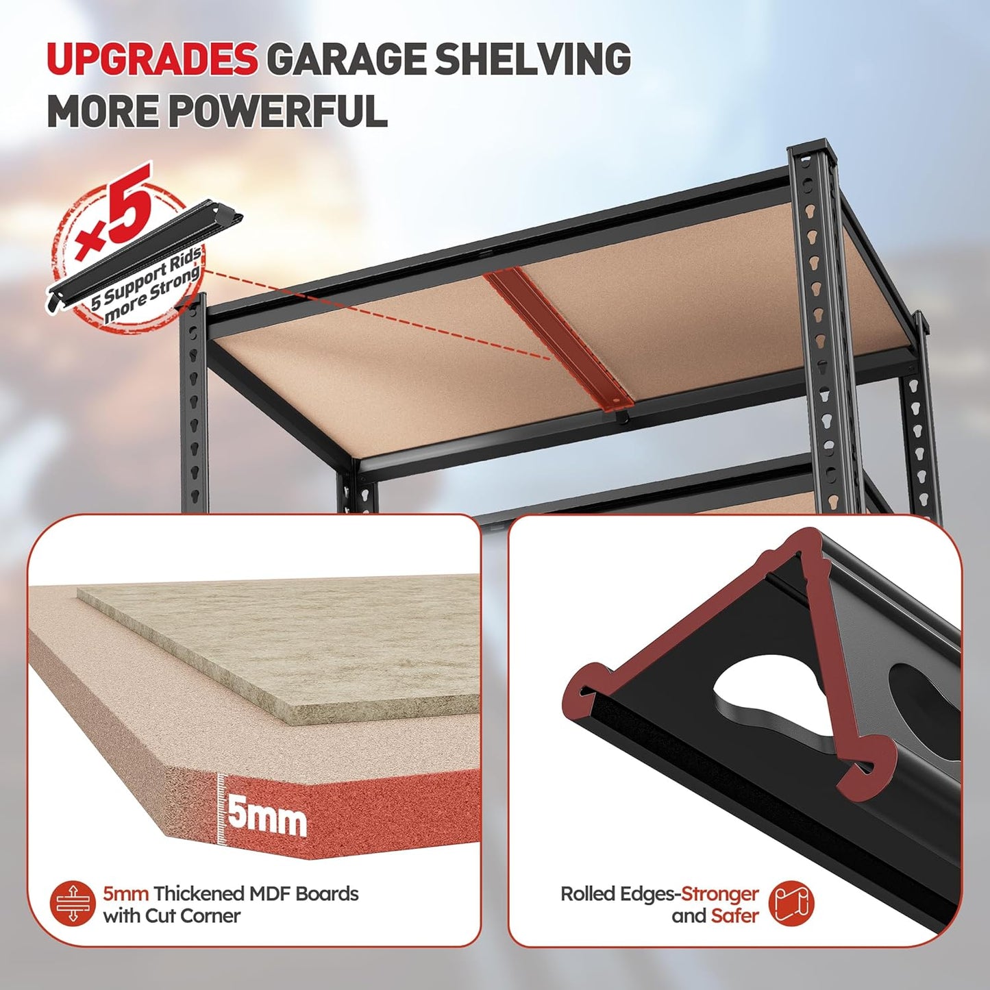 REIBII 2020LBS Storage Shelves 5 Tier Garage Shelving Heavy Duty, Adjustable Metal Shelving Unit, Garage Shelves for Basement Warehouse Pantry, 72" H x 35.55" W x 16" D, Black, 2 Pack