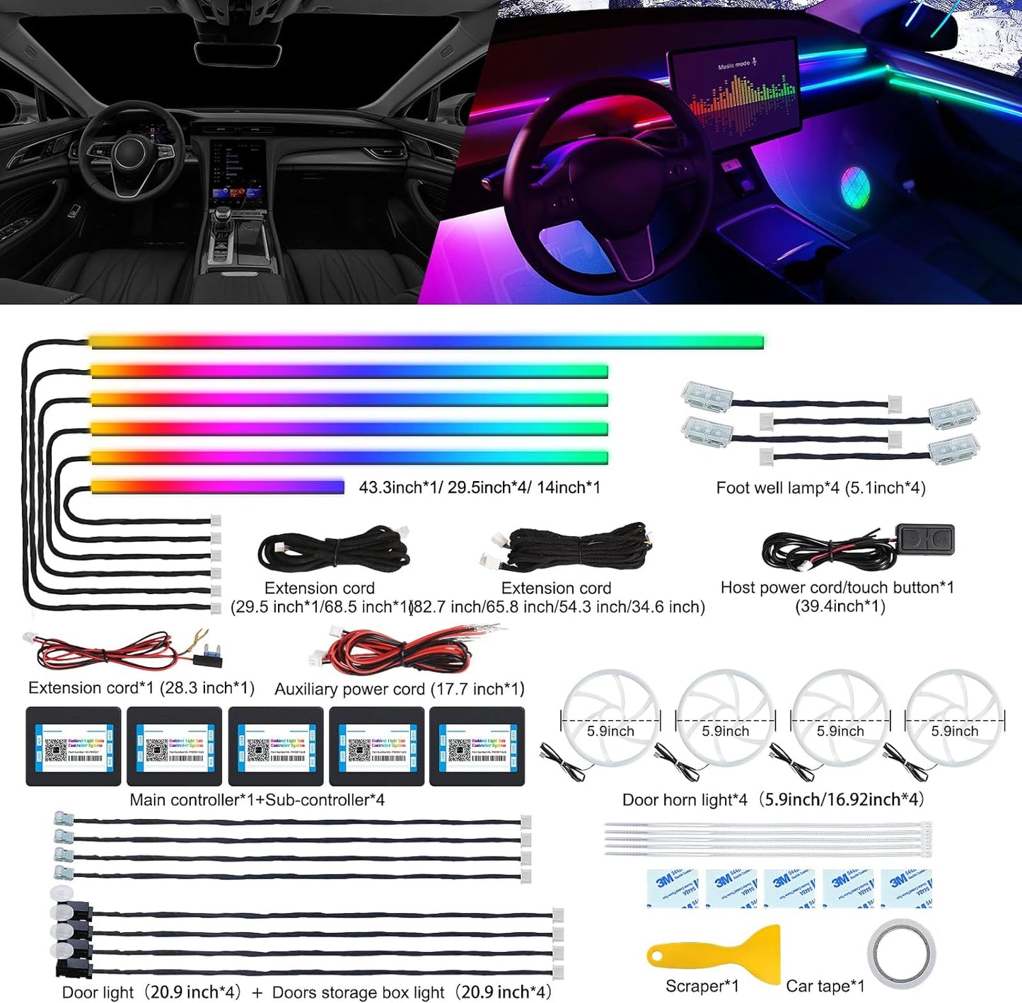 Dreamcolor Acrylic Interior Car LED Strip Light with Wireless APP, RGB 22 in 1 with 175 inches 600 LEDs Fiber Optic Car Ambient Lighting Kits, Dual Zone Sound Active Function LED Strip for Car