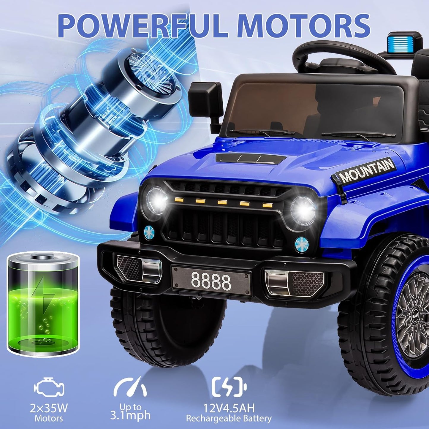 12V Kids Ride On Truck Car, Battery Powered Electric Vehicles with Remote Control, Spring Suspensions, 3 Speeds, LED Lights, Music, MP3, Ride On Toy Car for Children Toddles Boys Girls, Dark Blue