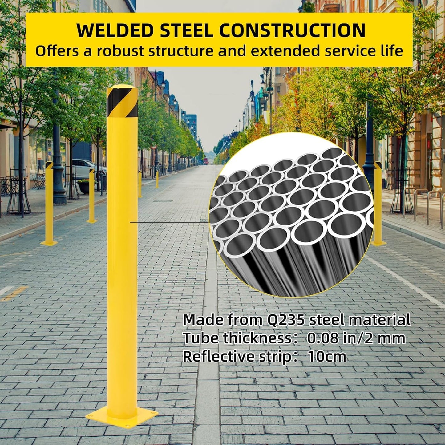Safety Bollard 4 Packs, 42 Inch Height Steel Post, 4.5 Inch Diameter Parking Bollard, Yellow Safety Bollard Post with 16 Anchor Bolts, Ideal for Ideal for Parking Warehouse Park Traffic Area