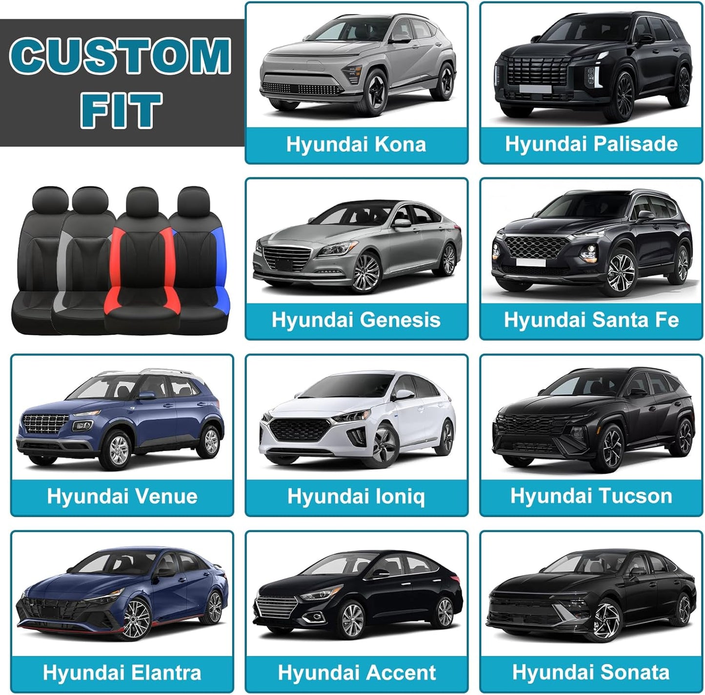 GIANT PANDA 2 Front Leather Car Seat Cover for Hyundai,3D Air Cool Mesh Thick Seat Covers Custom Fit Hyundai Sonata Elantra Santa Fe Tucson Accent Kona Palisade Genesis Venue Ioniq (Grey+Black)