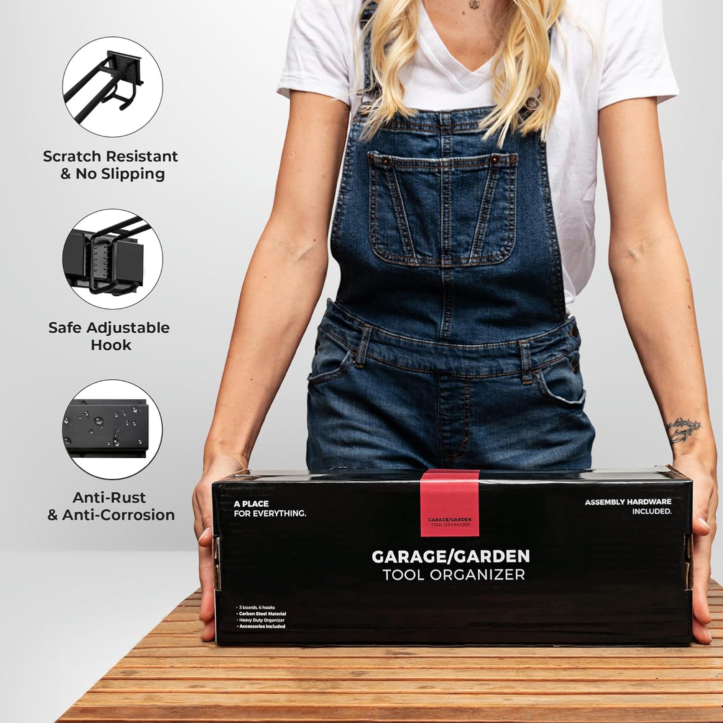 Garage Wall Organizer | 32" Heavy-Duty Tool Storage Rack | Adjustable Double-Layer Hooks | 200 lbs Capacity | Carbon Steel Wall Mount Holder for Shovels, Rakes, Ladders & Power Tools