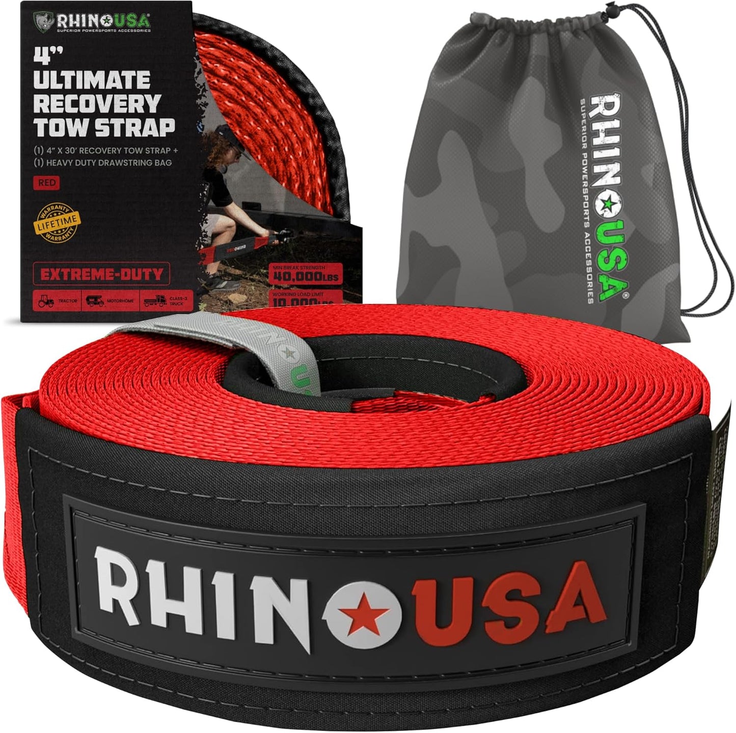 Rhino USA Recovery Tow Strap (4" x 30') - 40,320lb Break Strength - Emergency Recovery Strap Tow Rope for Diesel Trucks, Backhoe, Excavators & More - Heavy Duty Towing Strap for Offroad 4x4 Use (Red)