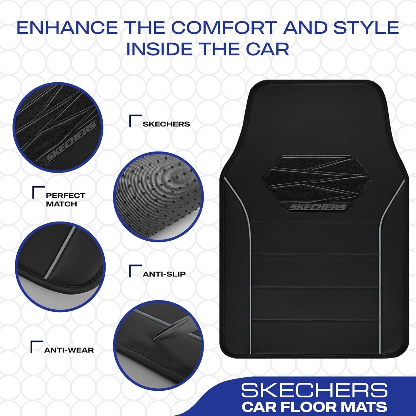 Skechers Memory Foam Car Mats,Leather Piping Floor Mats with Anti-Slip Pad,Universal Waterproof Fit Automotive Floor Mats for SUV,Vans,sedans,Trucks,Full Set 4pcs Grey