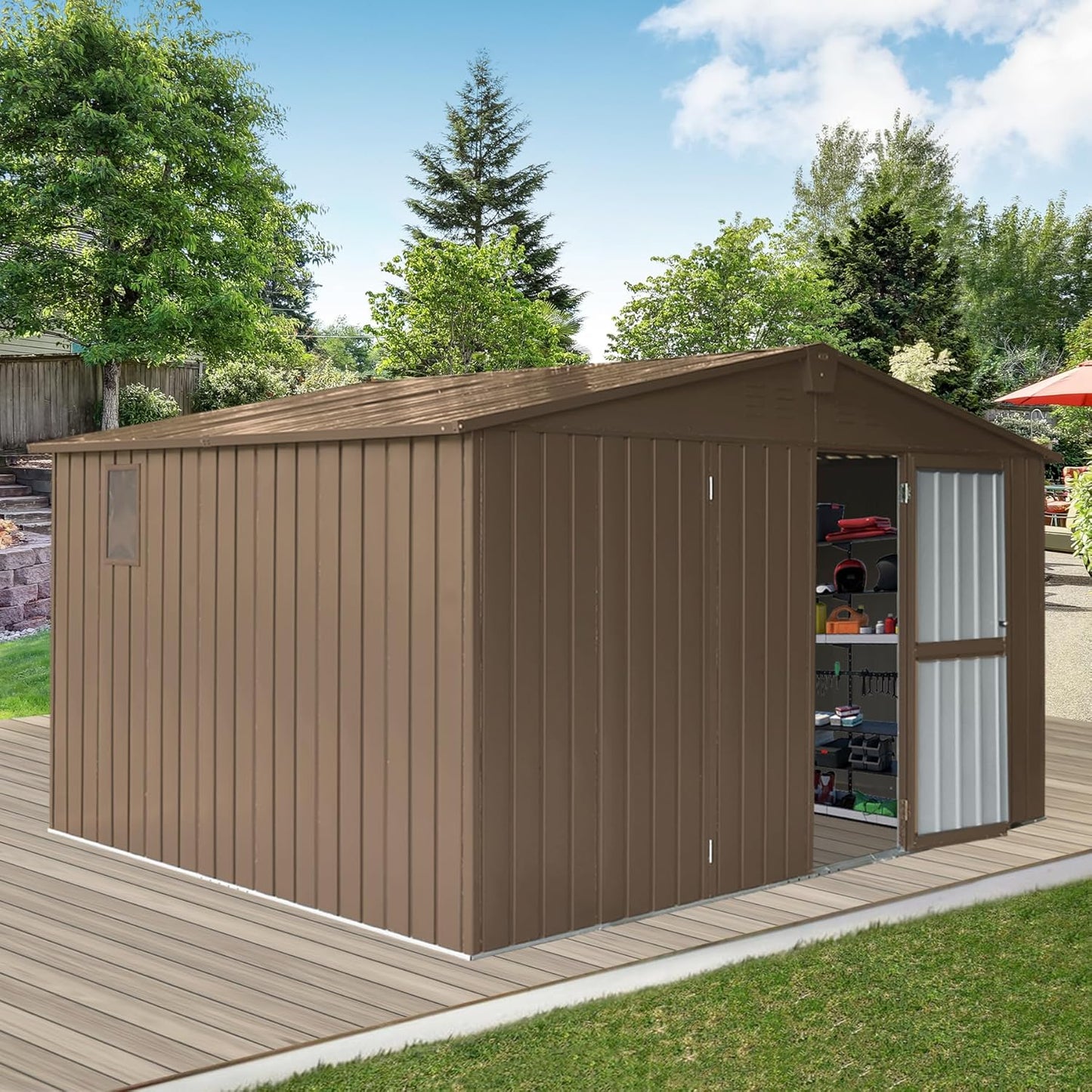 IKERY Large Galvanized Steel Storage Shed 11' x 9' with Windows & Lockable Door - Outdoor Garden & Utility Tool Shed for Backyard, Patio - Brown