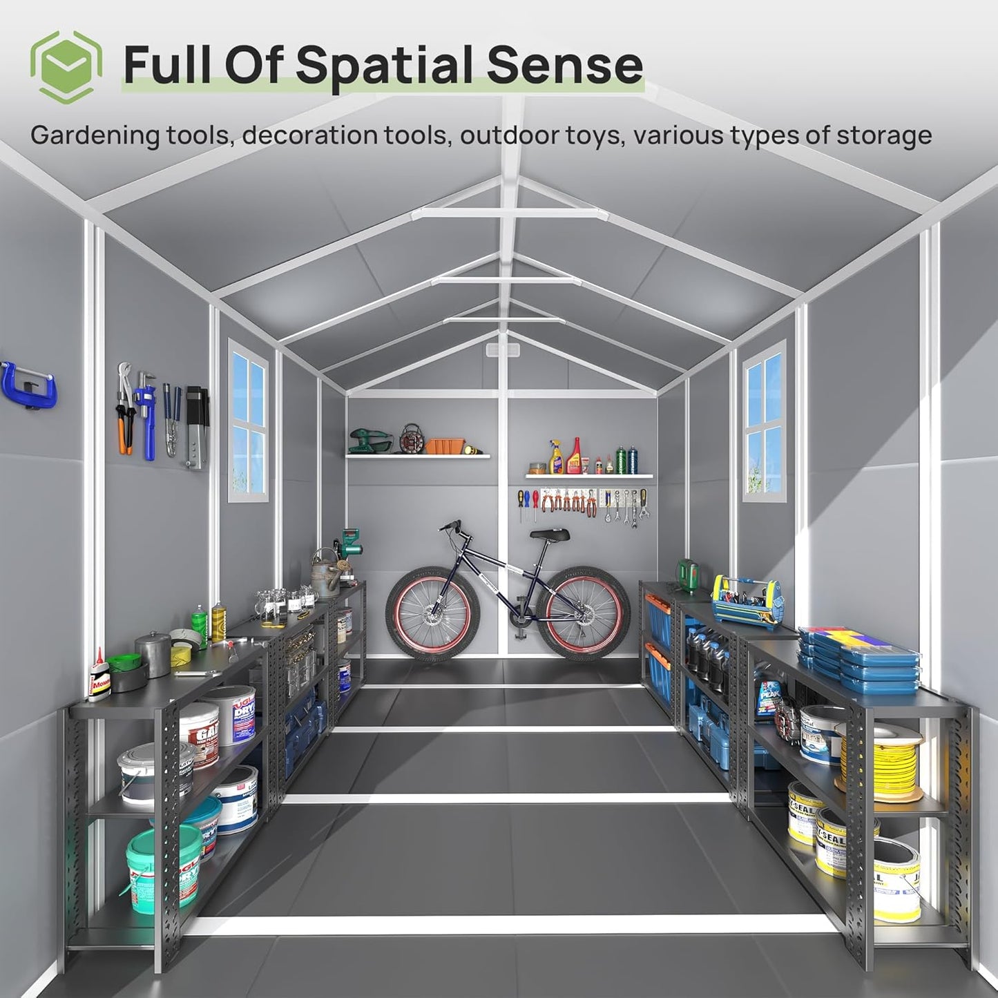 Resin Outdoor Storage Shed with Floor, 8x10.5 FT Plastic Garden Shed with Lockable Door & Window for Bike, Garbage Can, Lawn Mower, Grey White