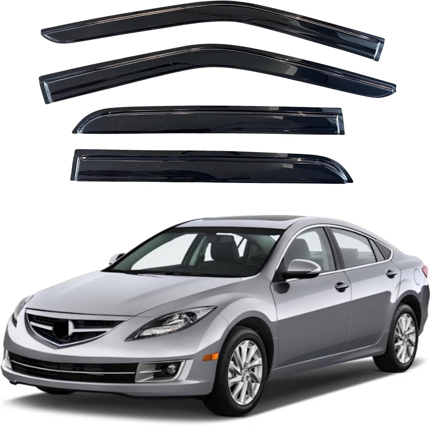 KPY Window Visor Compatible with Mazda 6 Sedan 2004-2013, 4PC Rain Guard Side Window Vent Deflectors Tape-On Mugen Style, 2004 2005 2006 2007 2008 2009 2010 2011 2012 2013