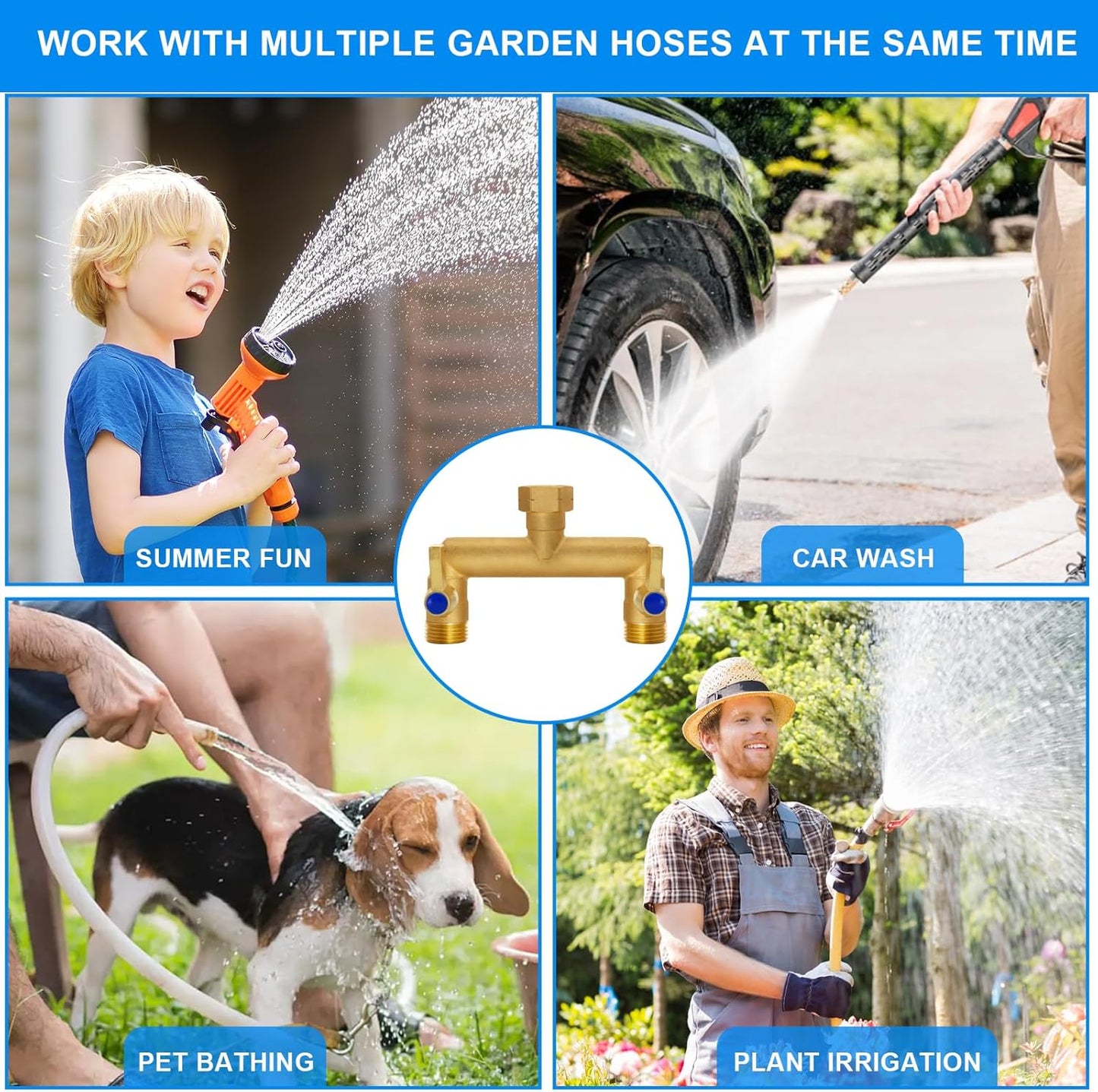 Brass Garden Hose Splitter, Garden Hose Splitter 2 Way Heavy Duty, with 2 304 Stainless Steel Extension Handles, 2-Way Y-Valve 3/4” GHT Threads (Increase Flow Style)