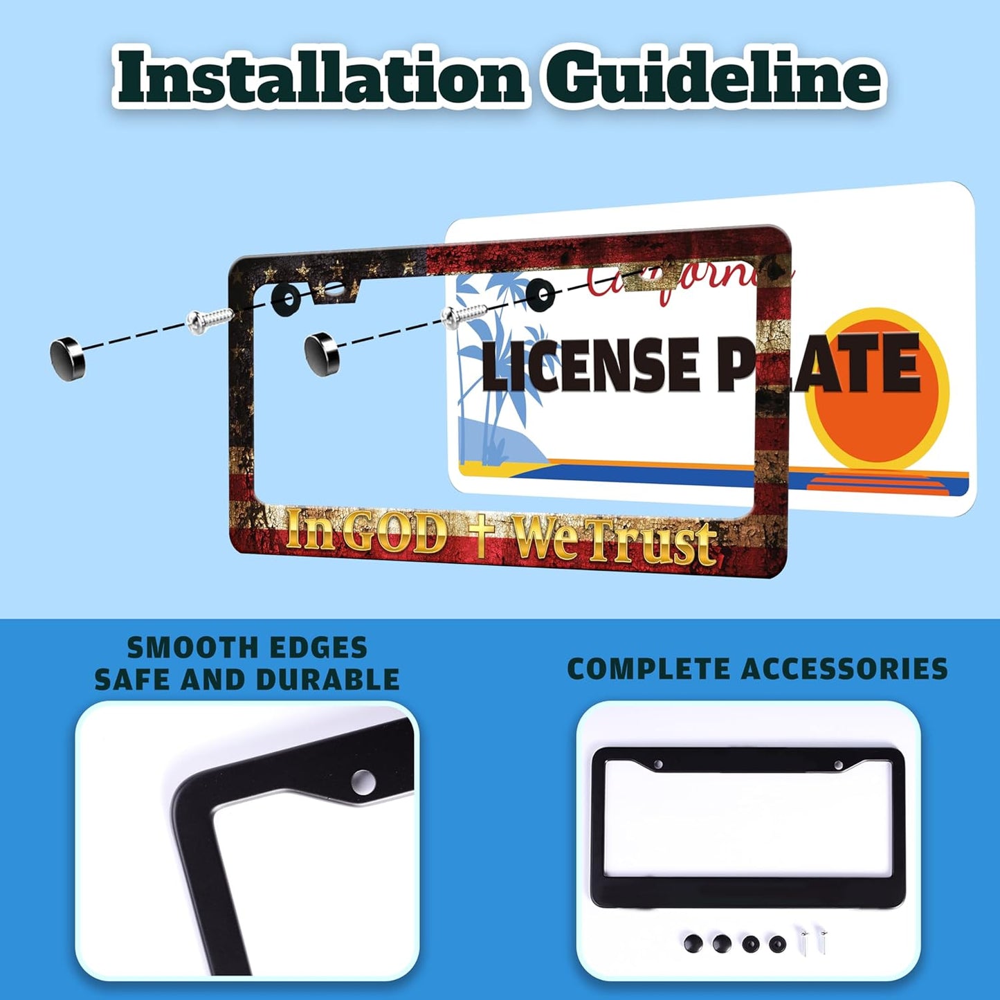 in God We Trust License Plate Frame Cross American Flag for Front or Rear Car Tags Stainless Steel License Plate Holder Funny Car Decoration with Screws 6.3 X 12.2 in