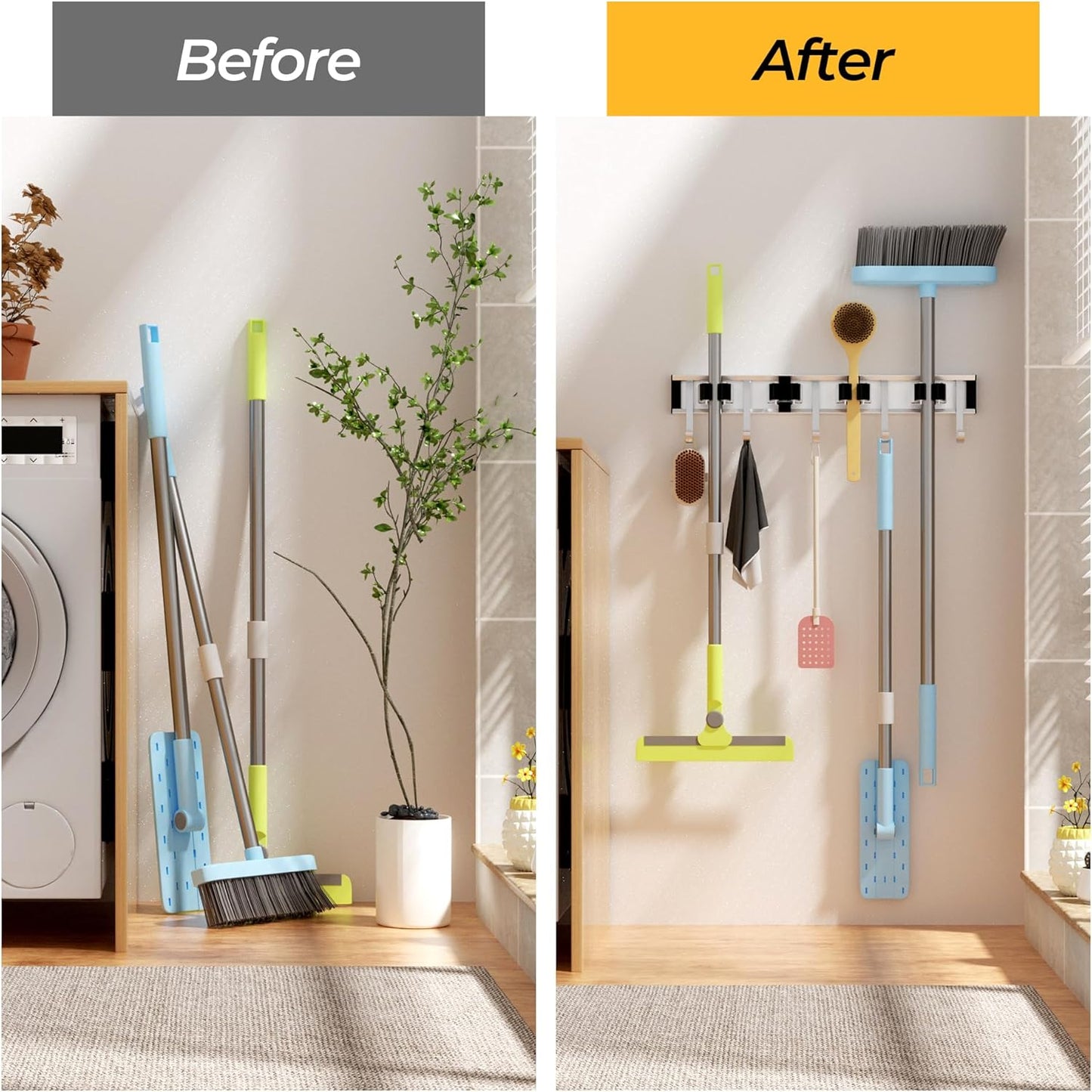 Broom Holder Wall Mount, 4 Star Roller Clips & 5 Extra Long Hooks, Thickened Backboard, Heavy Duty 55lbs Garden Tool Organizer for Mop, Rake, Shovel Storage