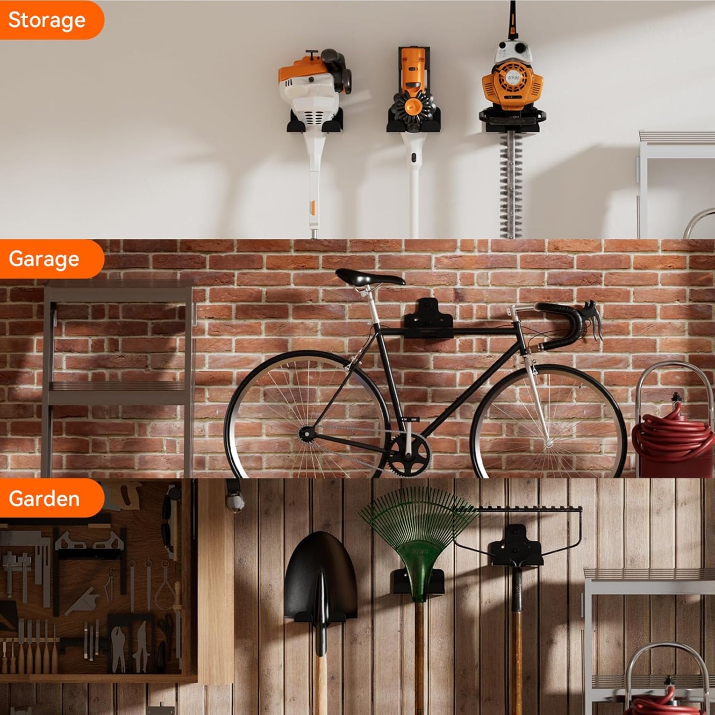 Garage Organization Storage Trimmer Rack, Garden Power Tool Hanger for Grass Trimmer, Hedge Trimmer, Garden Tools, Heavy Duty Weed Whackers Holder Wall Mounted Tool Organizer, 4 Packs