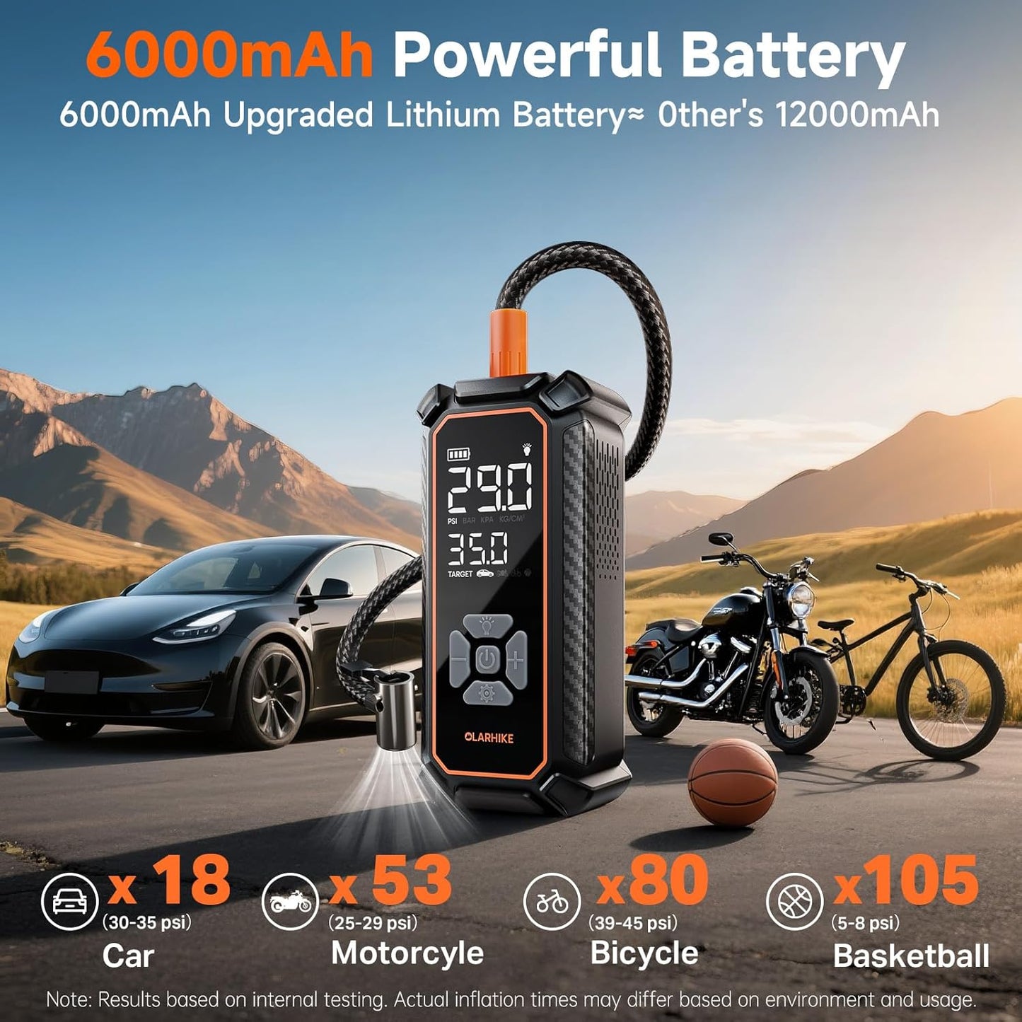 OlarHike Cordless Tire Inflator Portable Air Compressor, Ultra Fast Inflation, Air Pump for Car Tires, Pickup Truck, Motorcycle, Bicycle, Balls, Electric Pump with LED Light & Digital Pressure Gauge